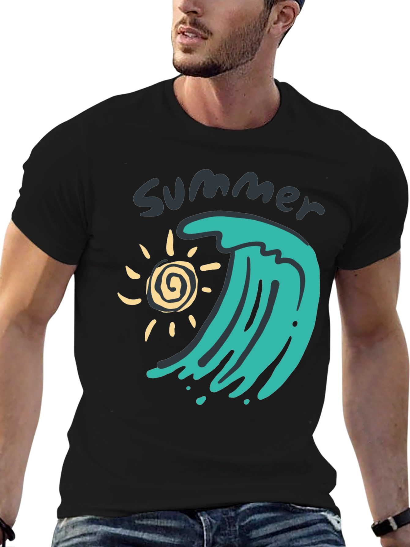 Summer Wave Graphic Tee - Black Cotton T-Shirt