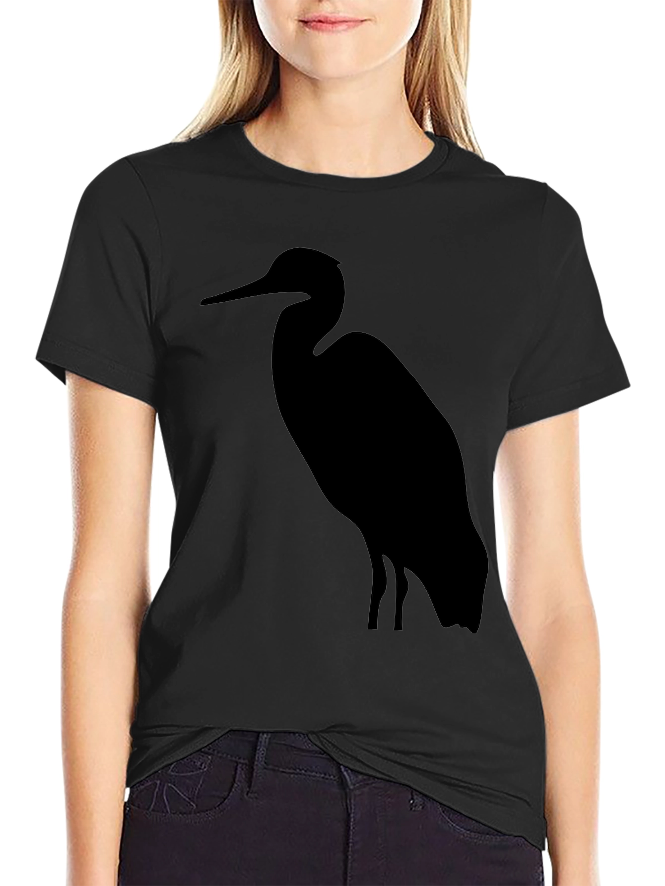 Heron Silhouette Graphic Tee - Black Cotton T-Shirt