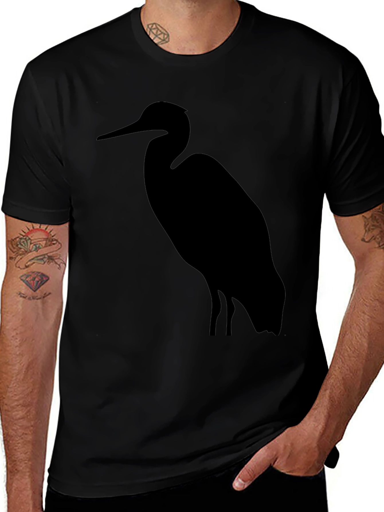 Heron Silhouette Graphic Tee - Black Cotton T-Shirt