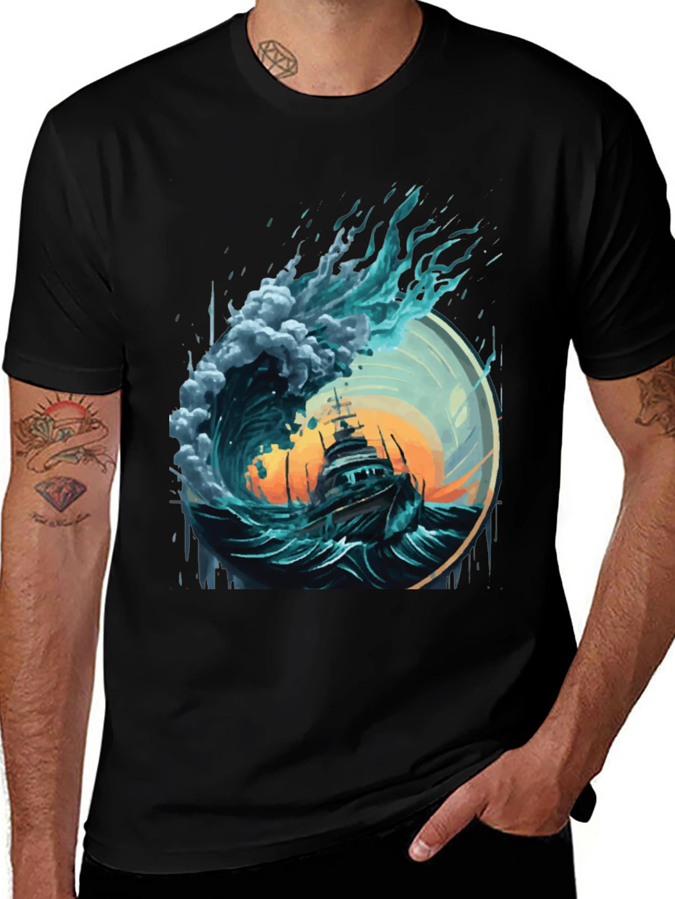 Ocean Wave Ship Graphic Tee - Black