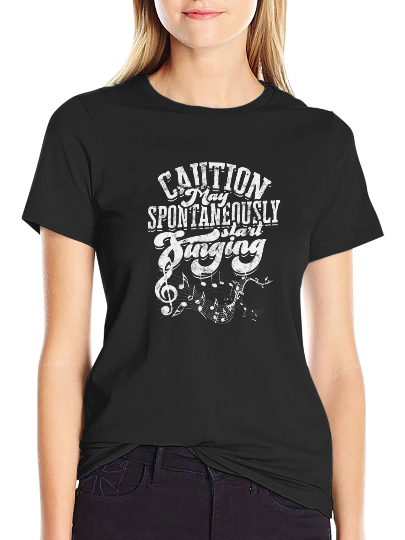 Caution Spontaneously Singing Graphic Tee - Black