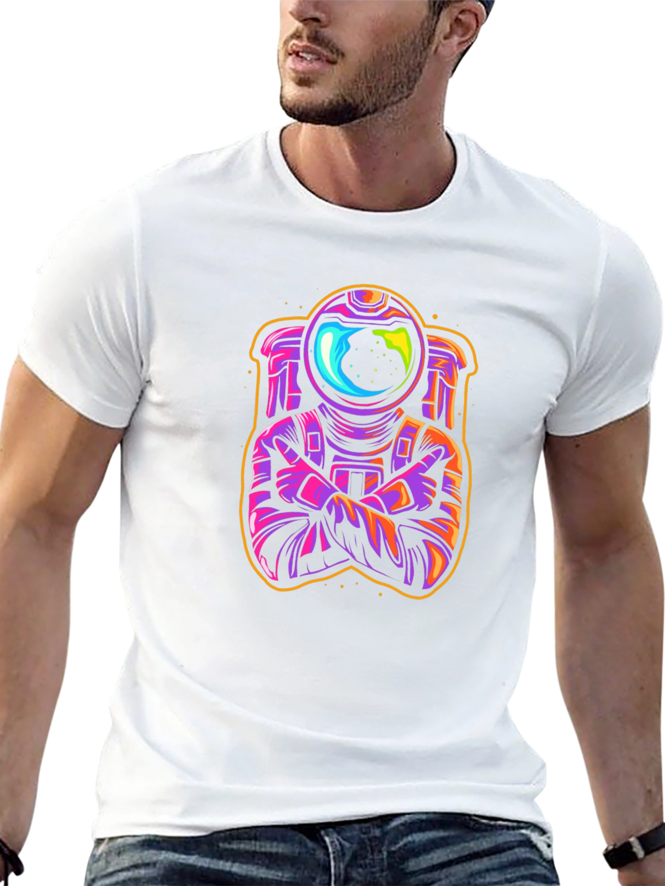 Cool Spaceman Graphic T-Shirt - Black Crew Neck Tee