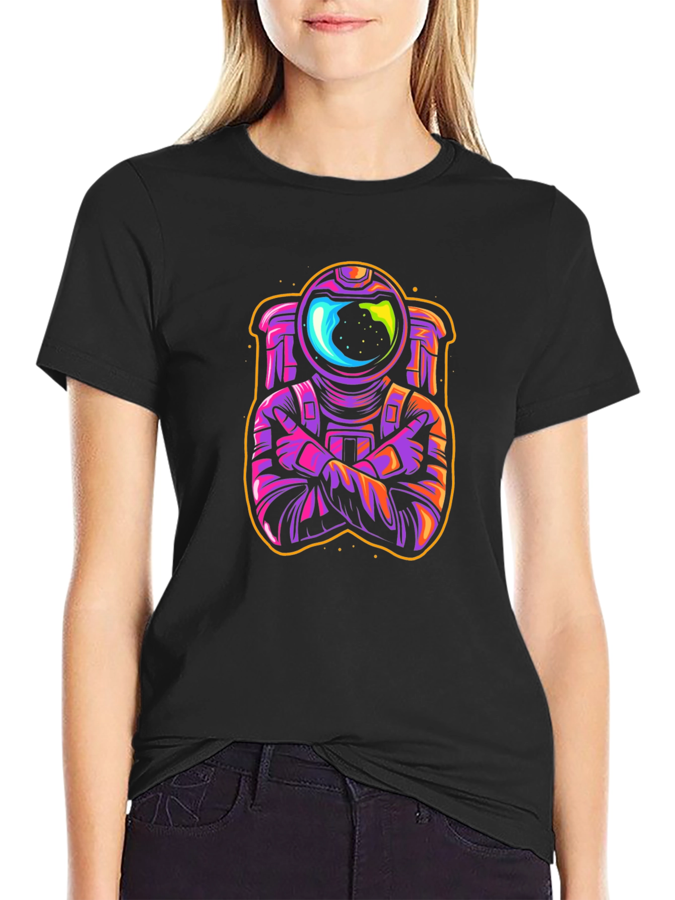 Cool Spaceman Graphic T-Shirt - Black Crew Neck Tee