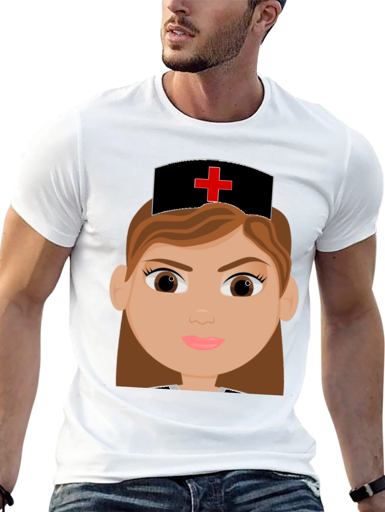 Cartoon Nurse Graphic Tee - Black Cotton Blend T-Shirt