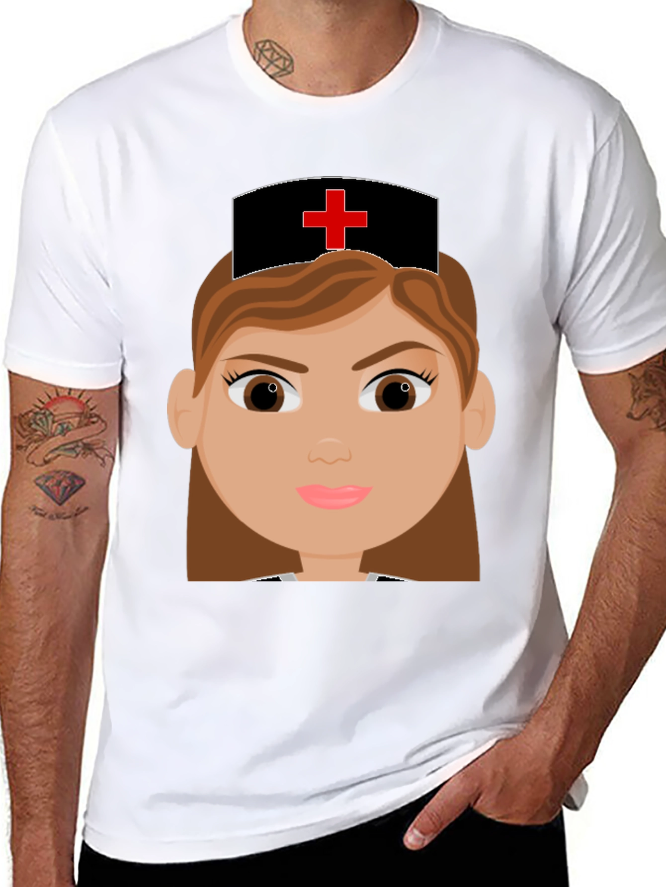 Cartoon Nurse Graphic Tee - Black Cotton Blend T-Shirt