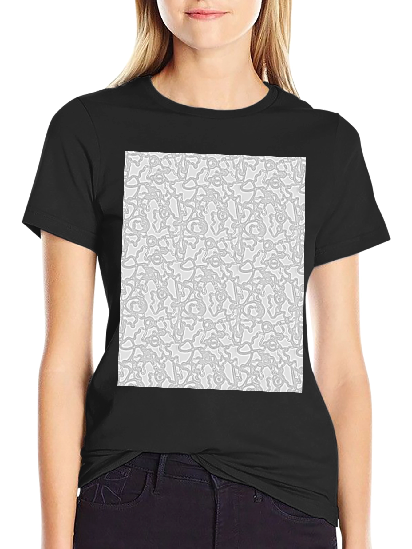 Abstract Pattern Print Black Crew Neck Tee