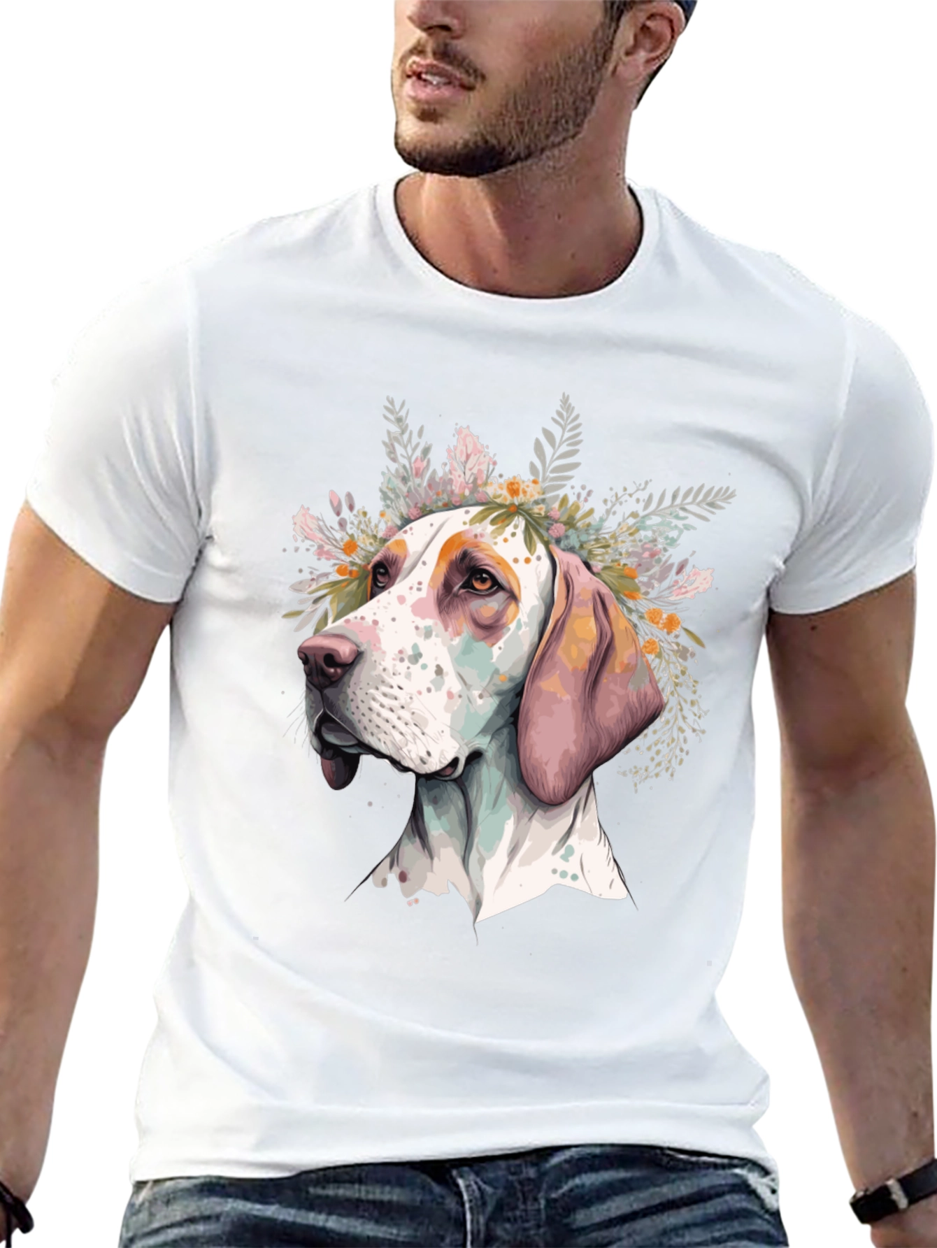 Dog with Flowers Graphic Tee - Unisex Black T-Shirt