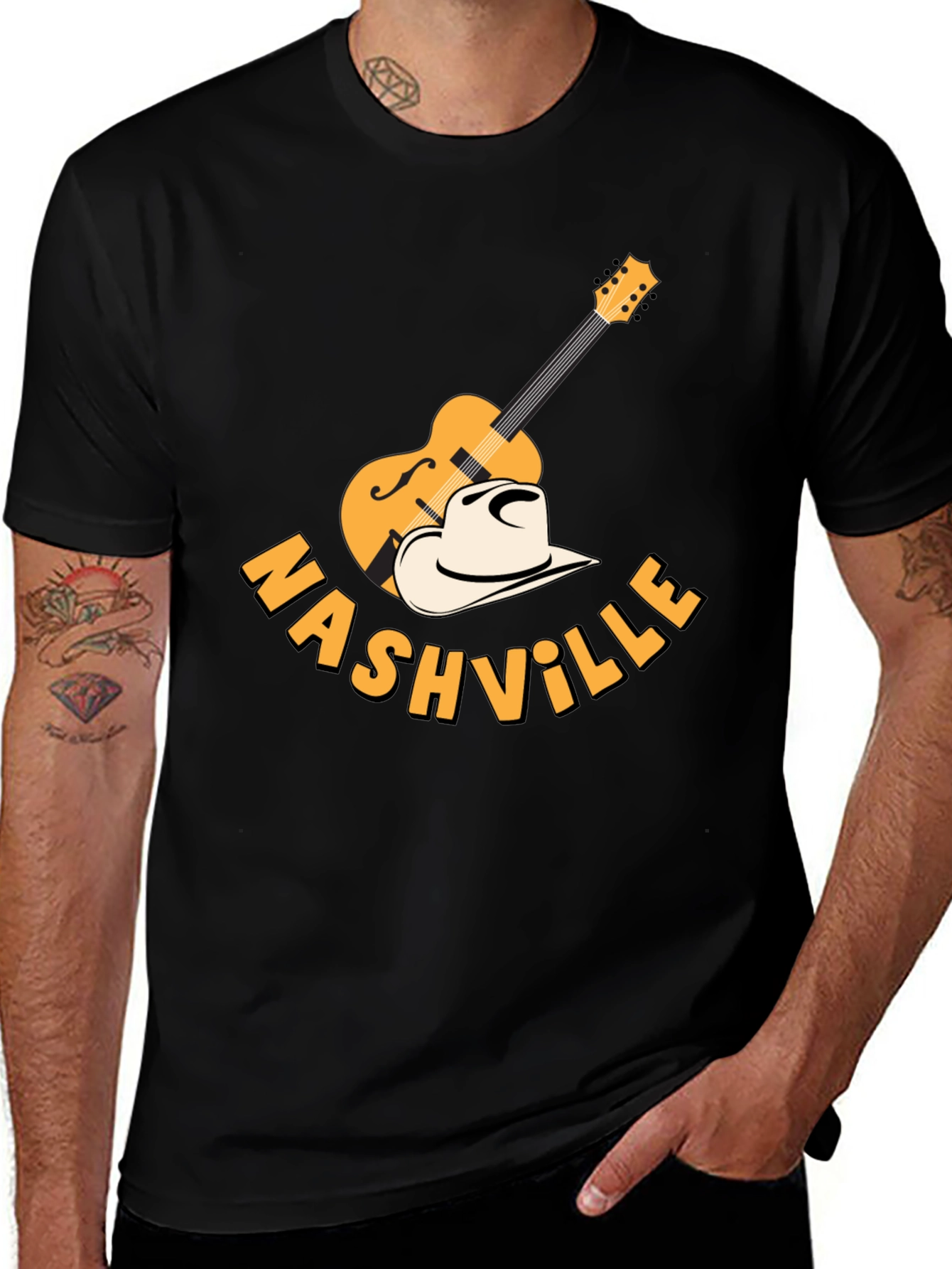 Nashville Guitar & Cowboy Hat Graphic Tee - Black