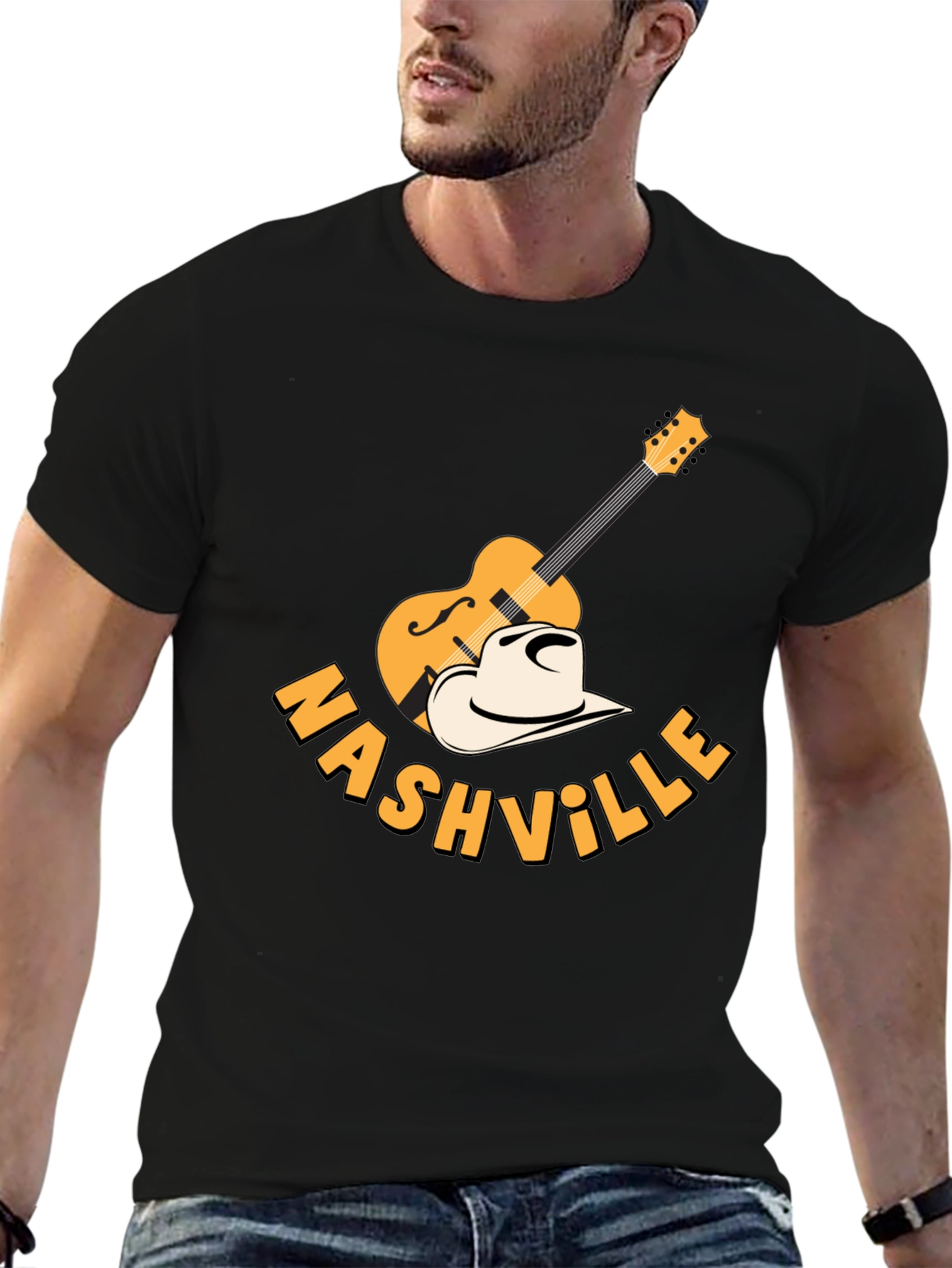 Nashville Guitar & Cowboy Hat Graphic Tee - Black