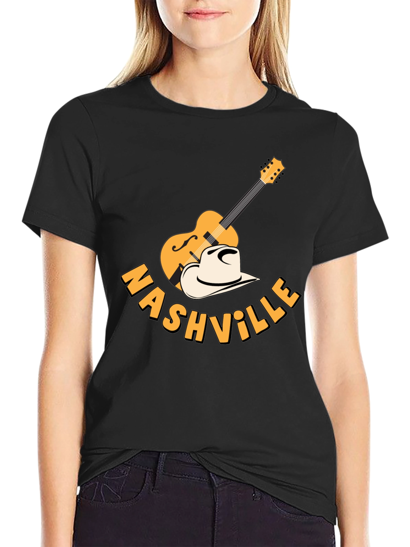 Nashville Guitar & Cowboy Hat Graphic Tee - Black