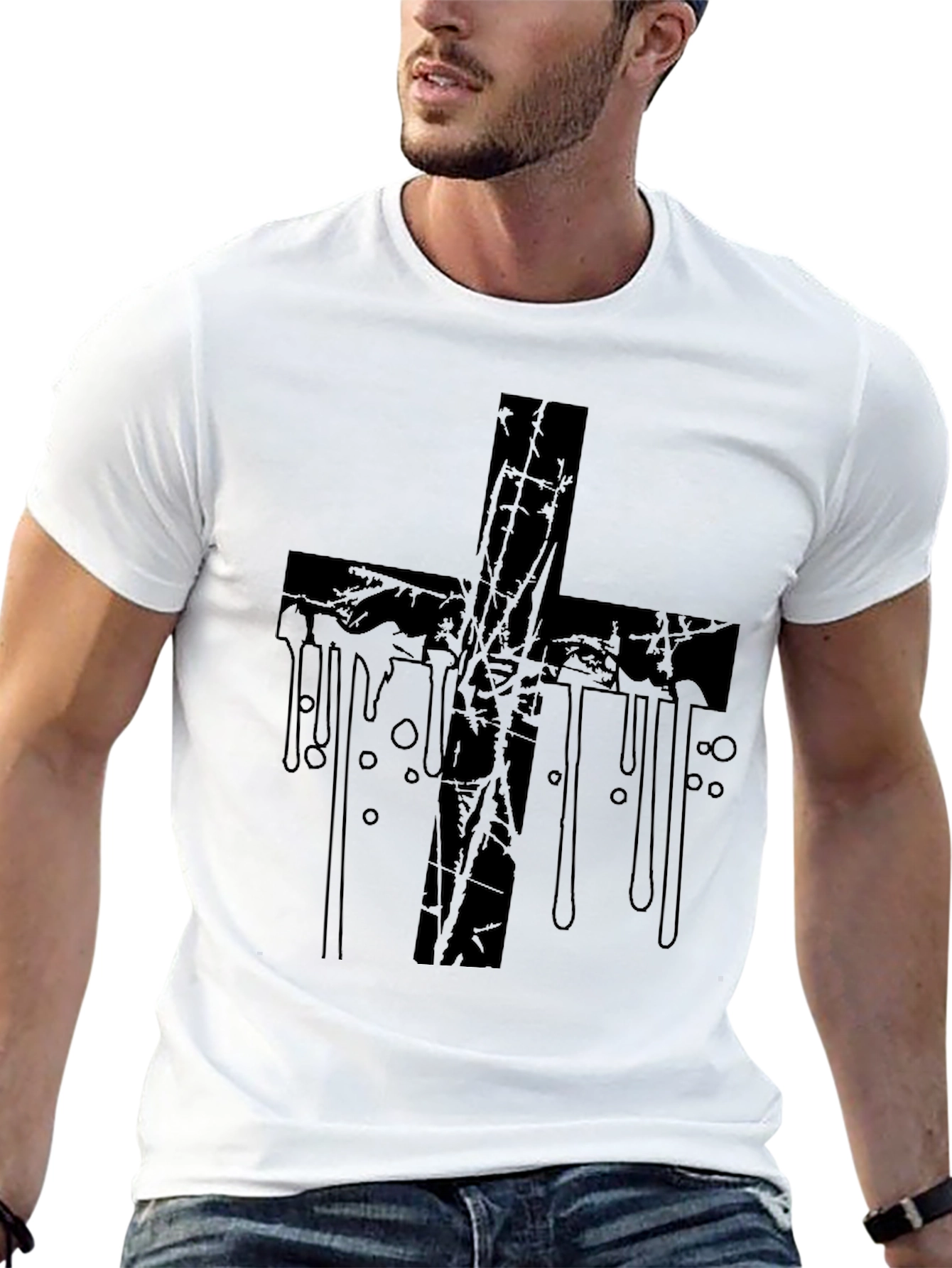 Grunge Cross Graphic Print Black T-Shirt