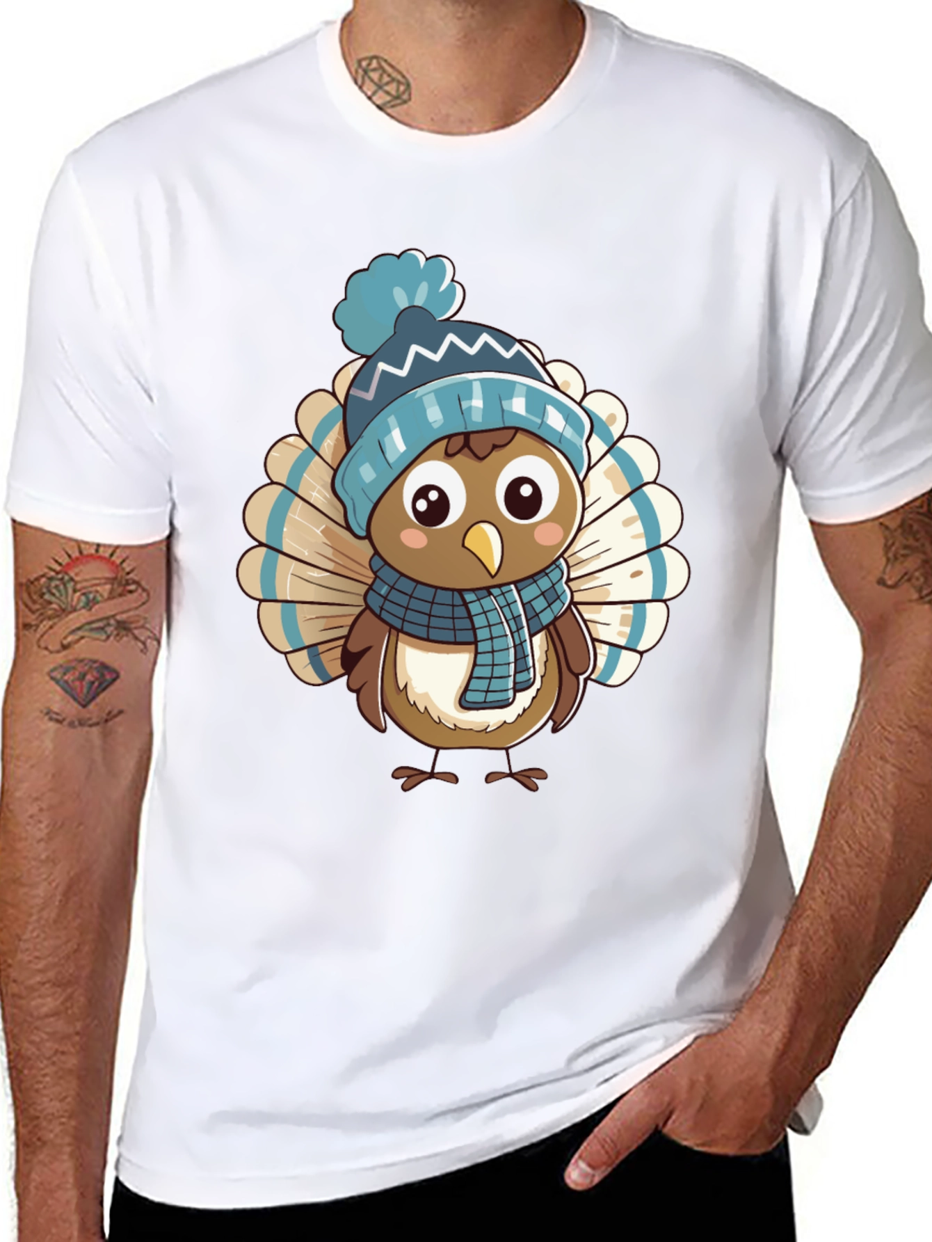 Cartoon Turkey in Winter Hat T-Shirt