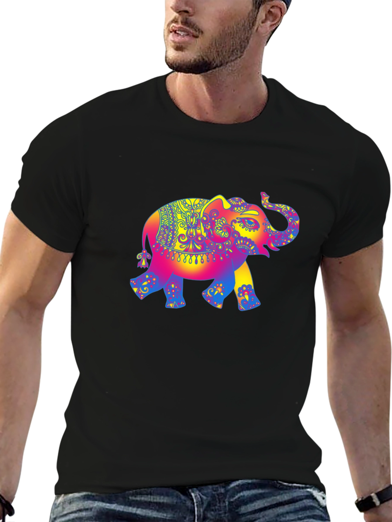 Psychedelic Elephant Graphic Tee - Black Cotton T-Shirt