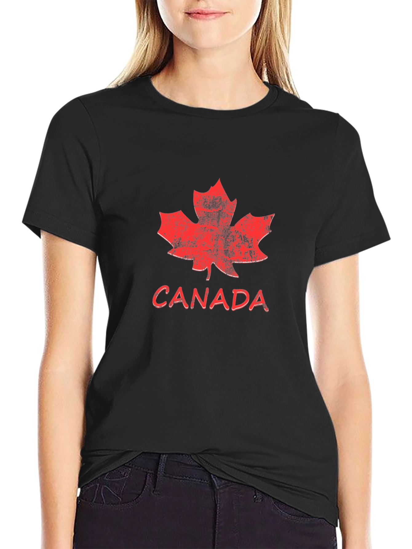 Distressed Canada Maple Leaf Graphic Tee - Black