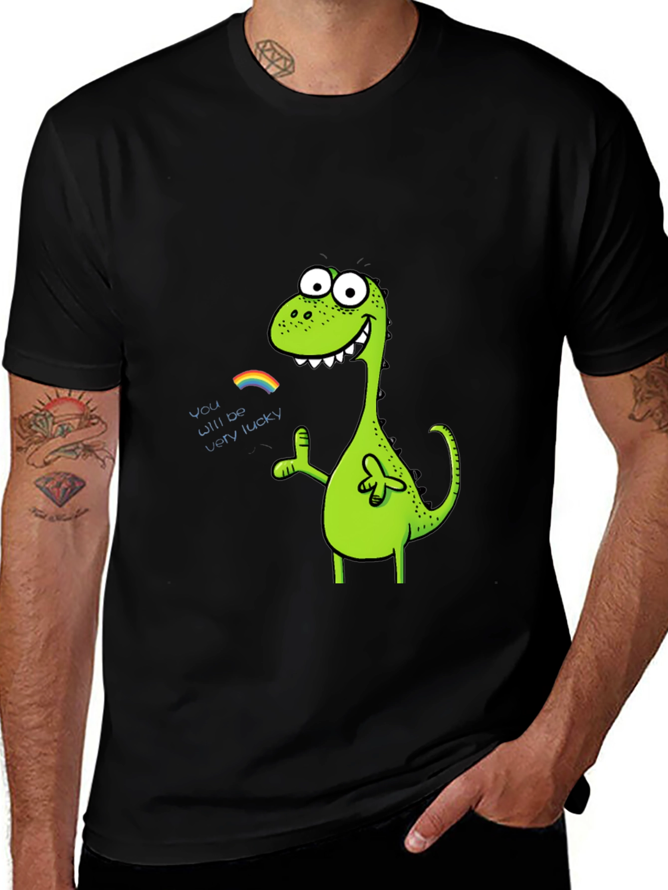 Lucky Dinosaur Graphic Tee - Black Cotton Blend