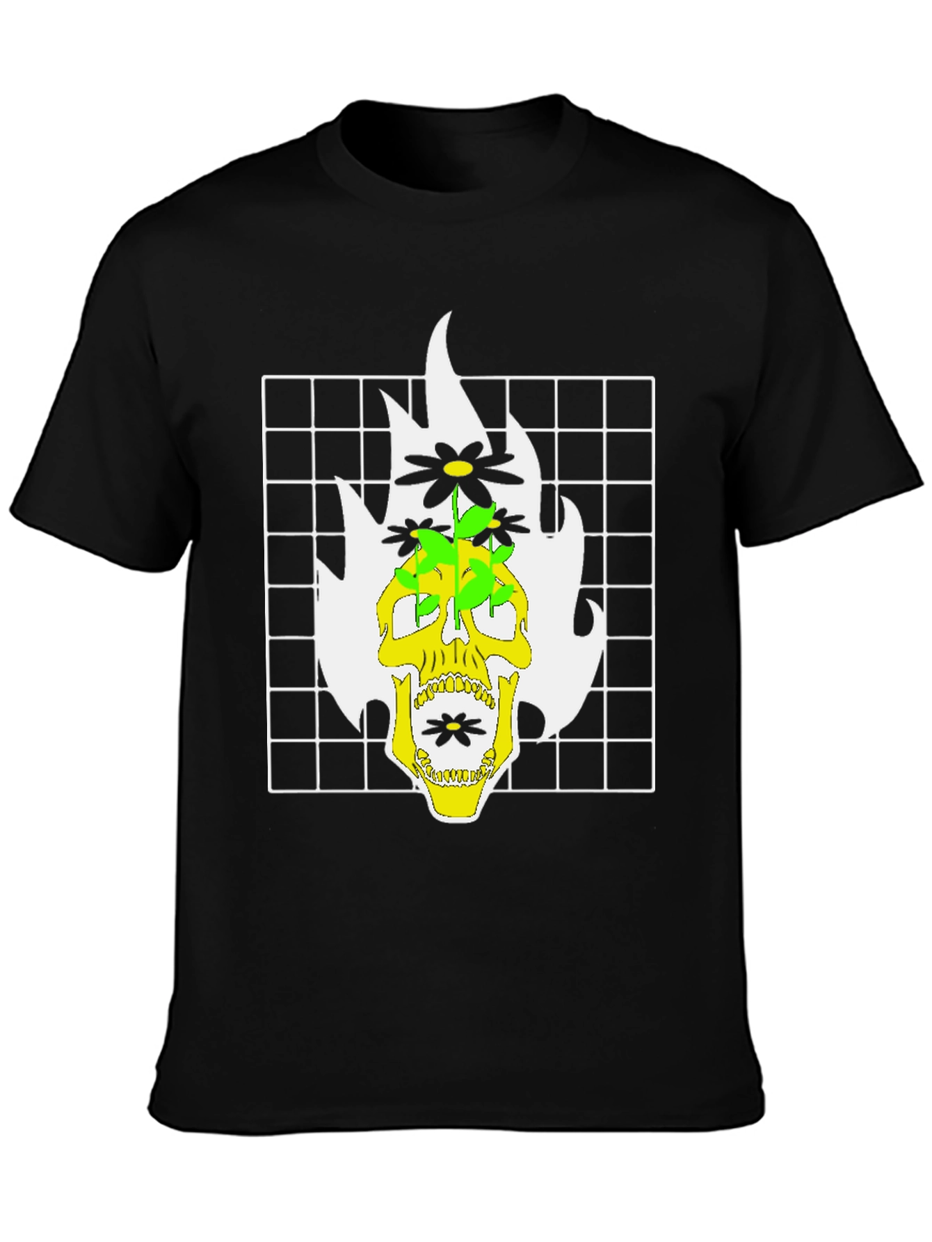 Skull & Flowers Graphic Print T-Shirt - Black