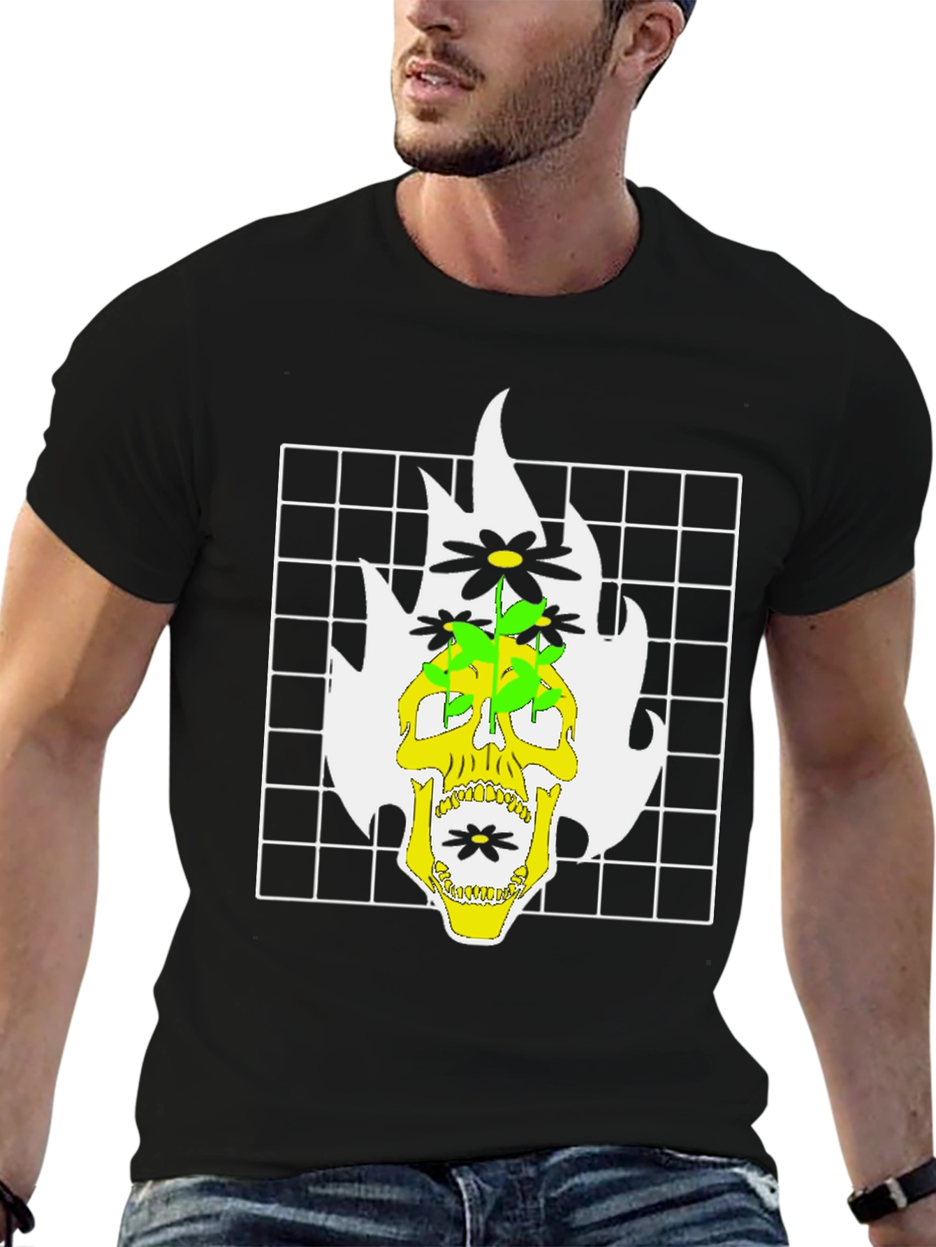 Skull & Flowers Graphic Print T-Shirt - Black