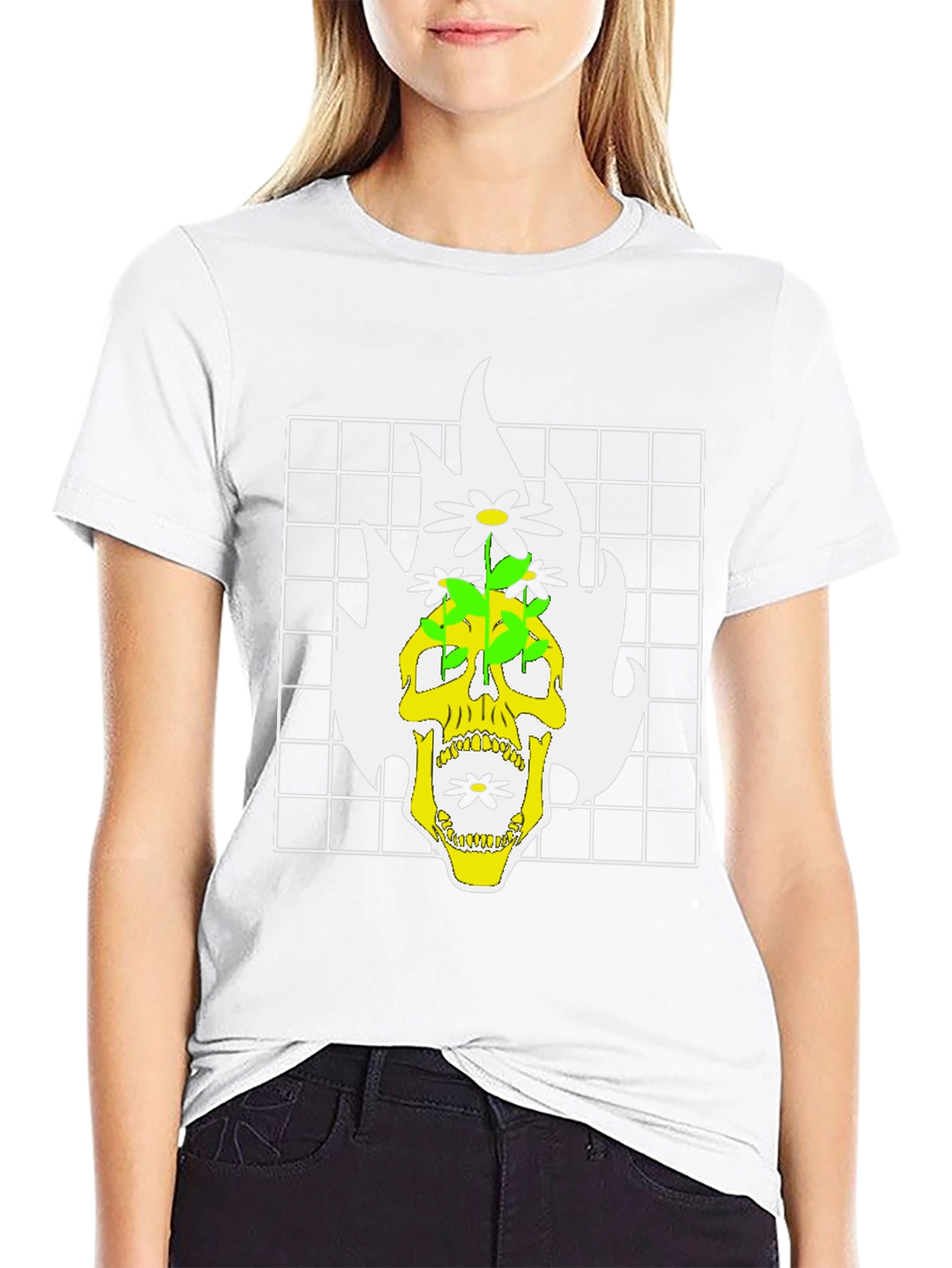 Skull & Flowers Graphic Print T-Shirt - Black