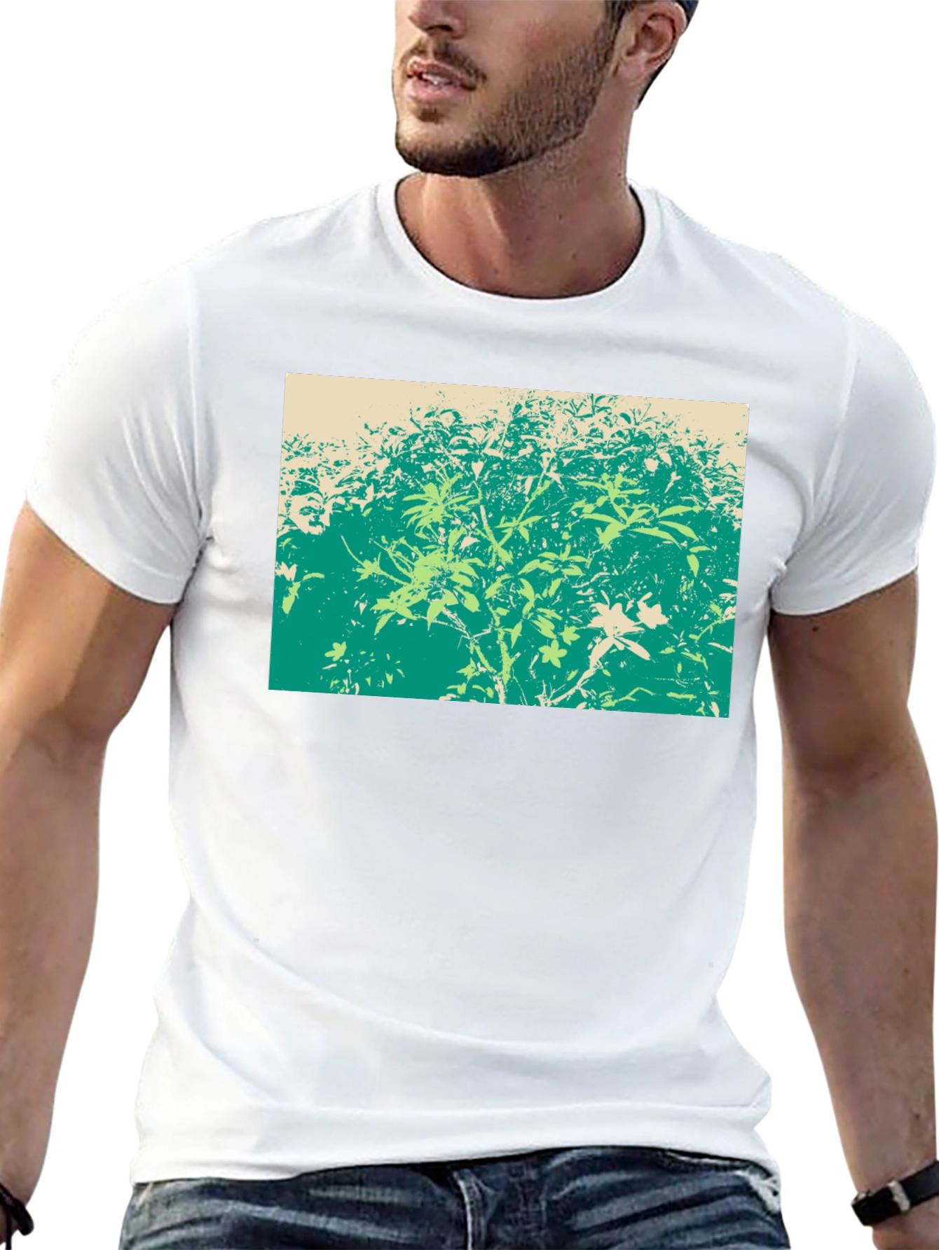 Green Botanical Print Black T-Shirt