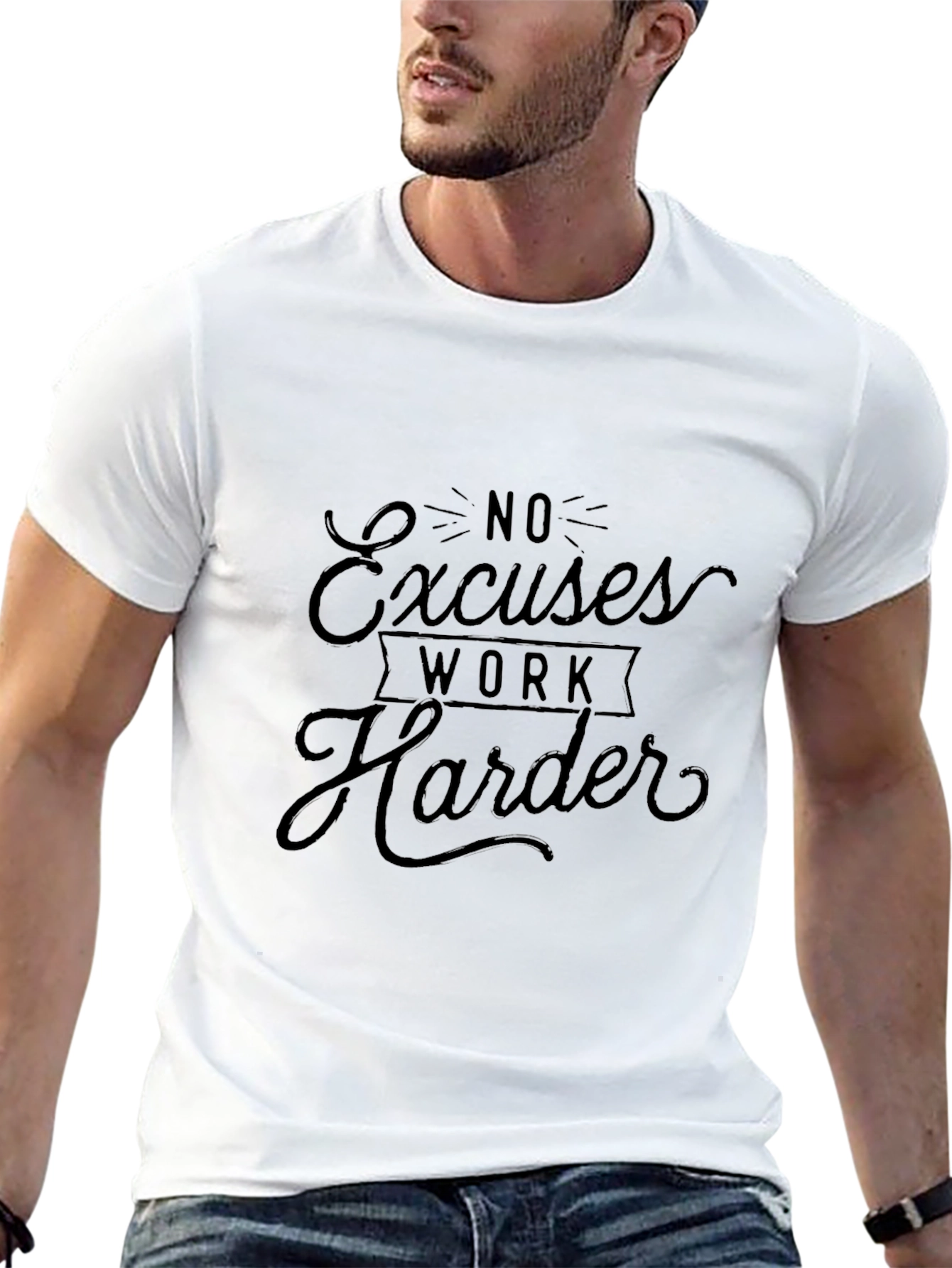 Motivational Black T-Shirt: No Excuses Work Harder