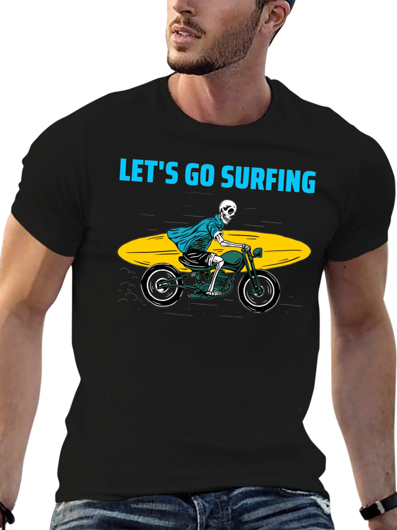 Skeleton Surfer Motorcycle Black Graphic Tee