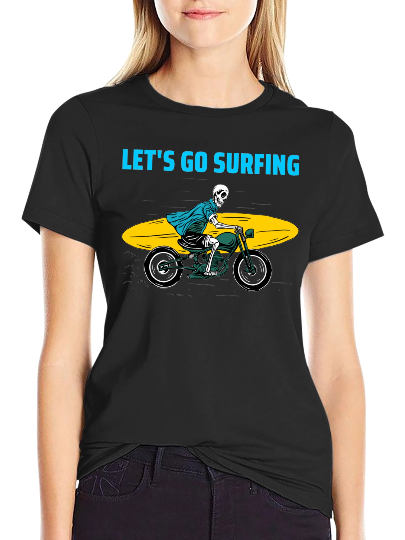 Skeleton Surfer Motorcycle Black Graphic Tee