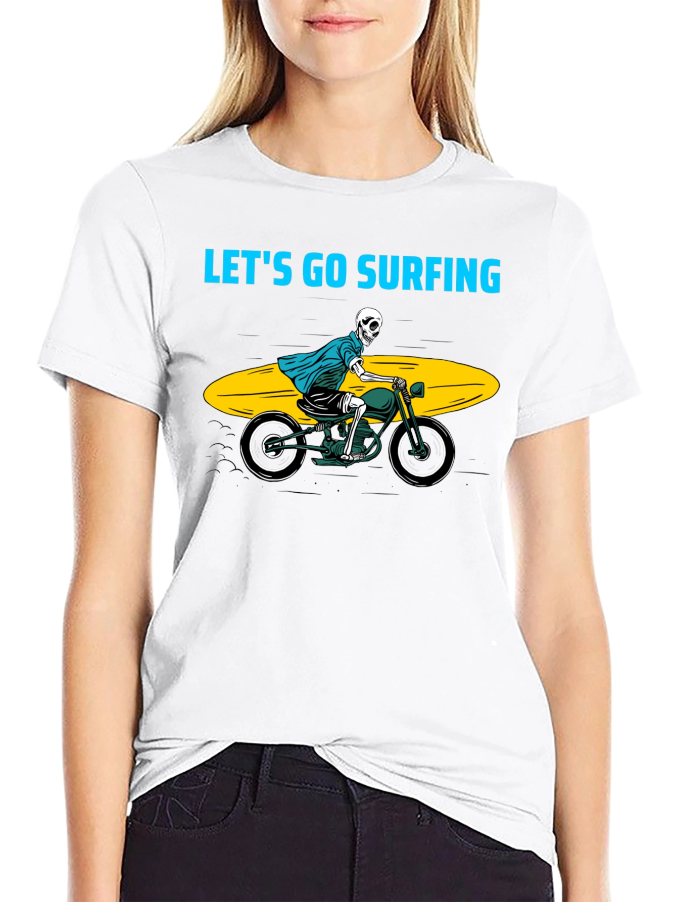 Skeleton Surfer Motorcycle Black Graphic Tee
