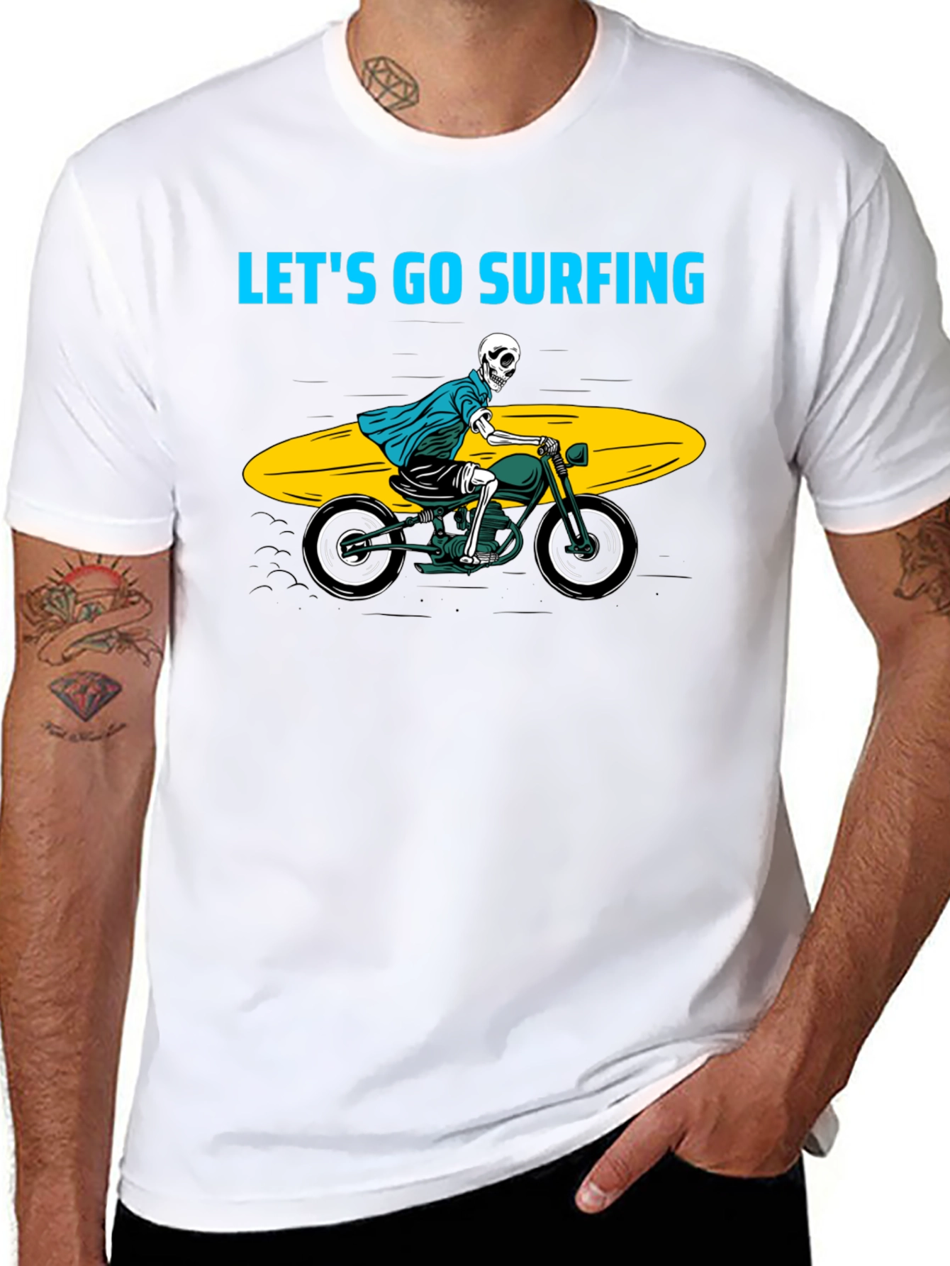 Skeleton Surfer Motorcycle Black Graphic Tee