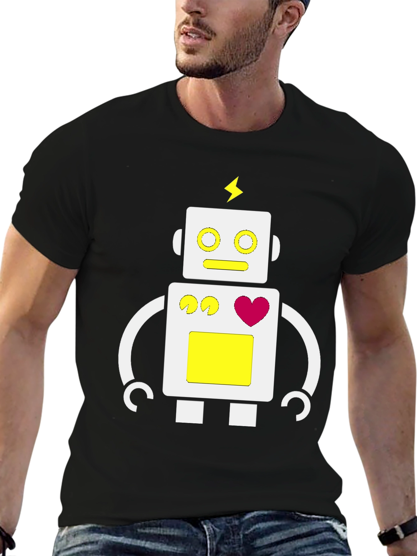 Fun Robot Graphic Tee - Black Cotton Blend
