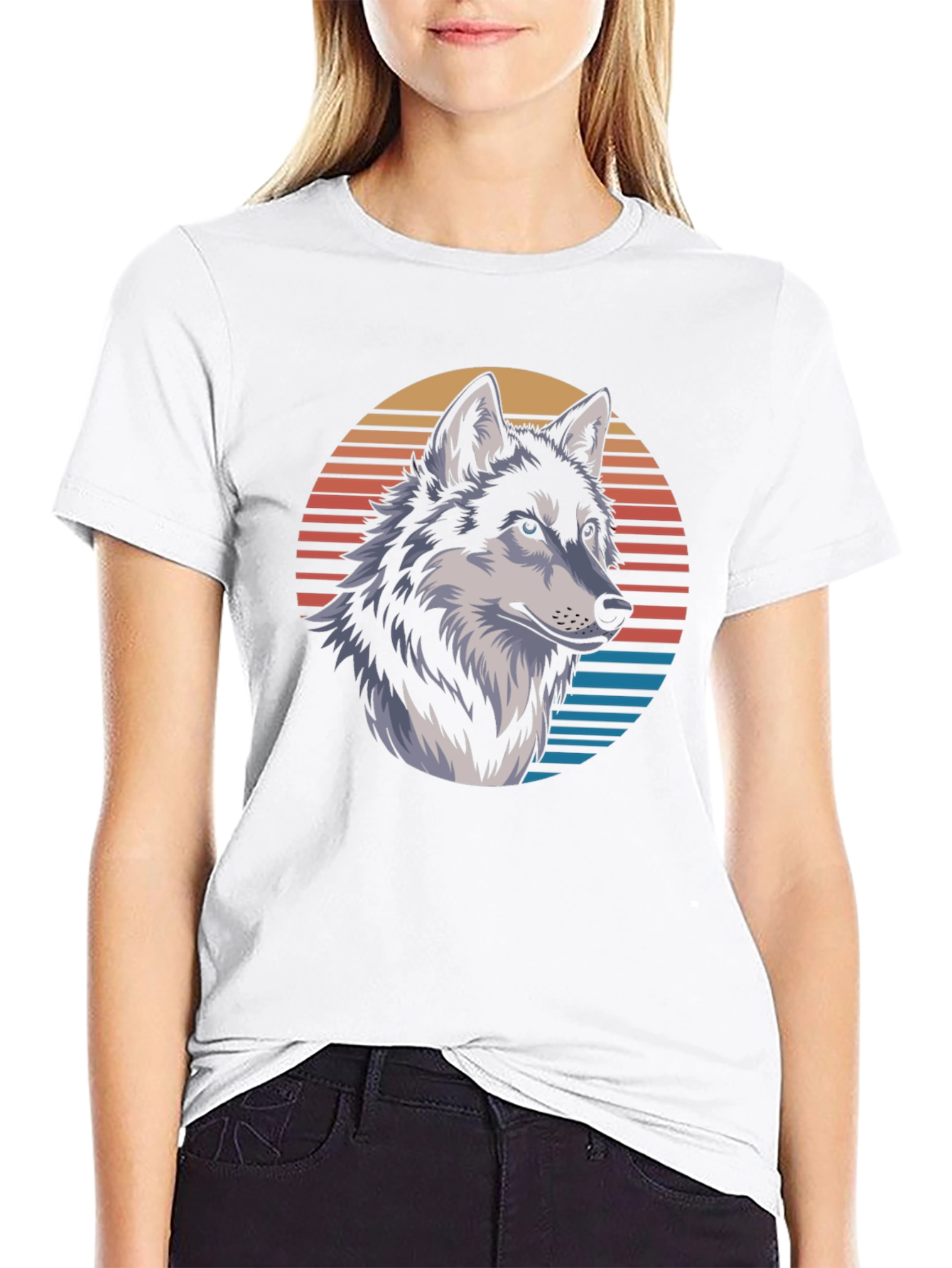 Wolf Graphic Tee - Retro Sunset Design Black T-Shirt