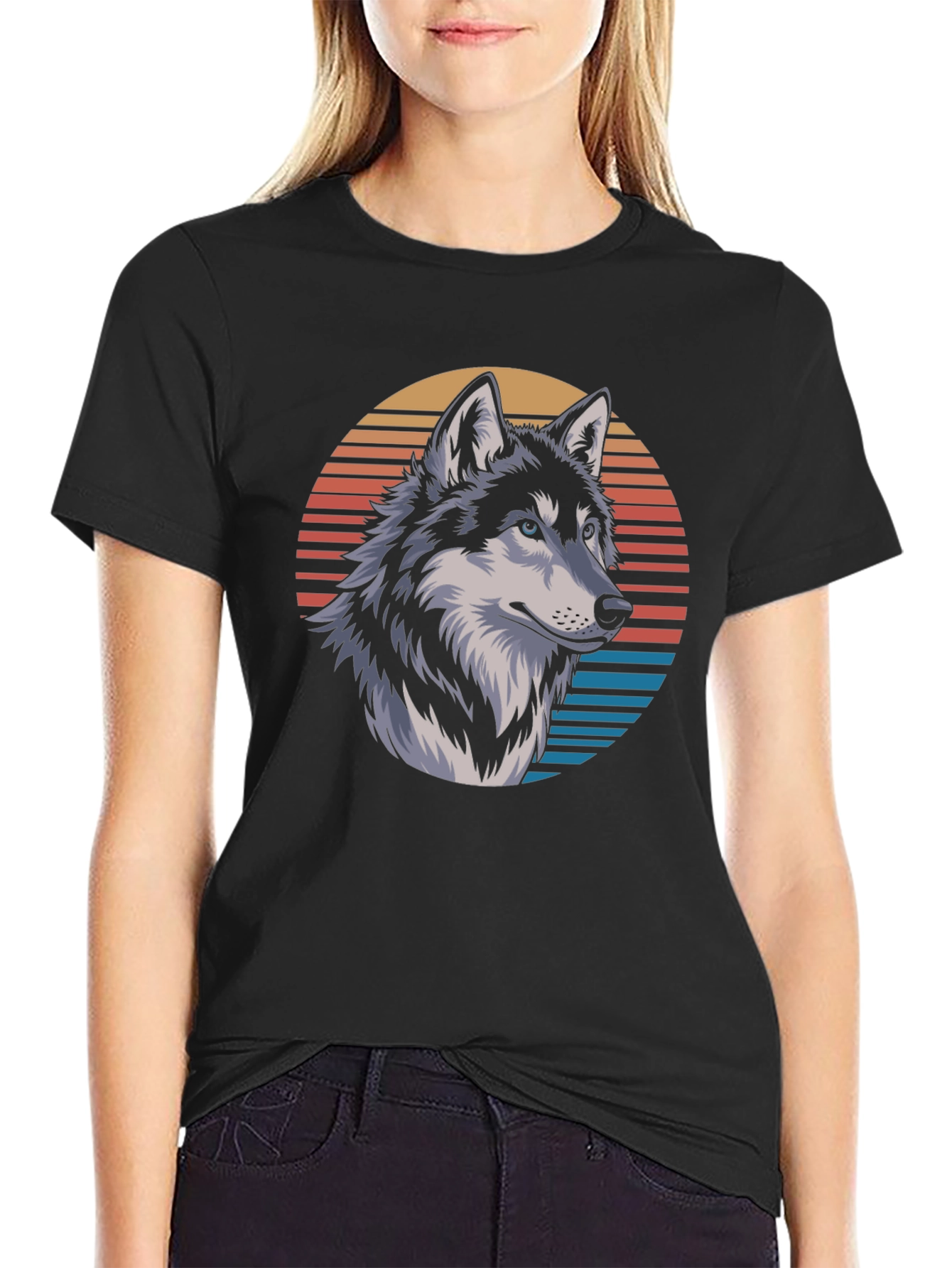 Wolf Graphic Tee - Retro Sunset Design Black T-Shirt