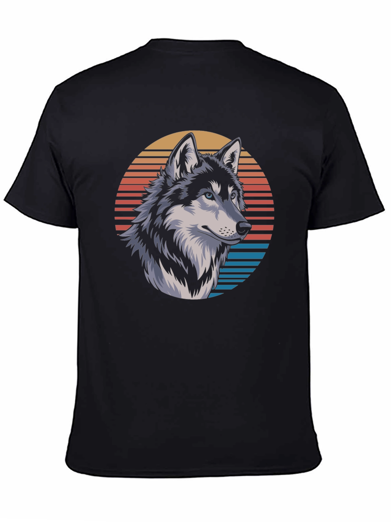 Wolf Graphic Tee - Retro Sunset Design Black T-Shirt