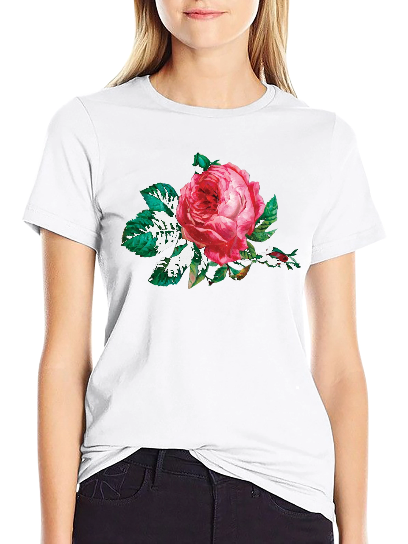 Black T-Shirt with Floral Rose Print