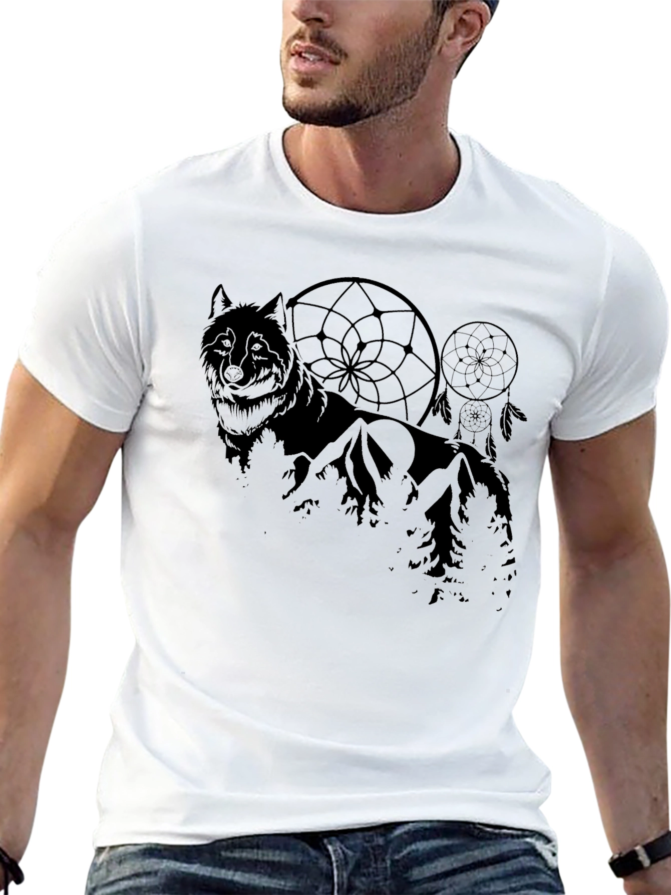 Wolf & Dreamcatcher Graphic Print Black T-Shirt