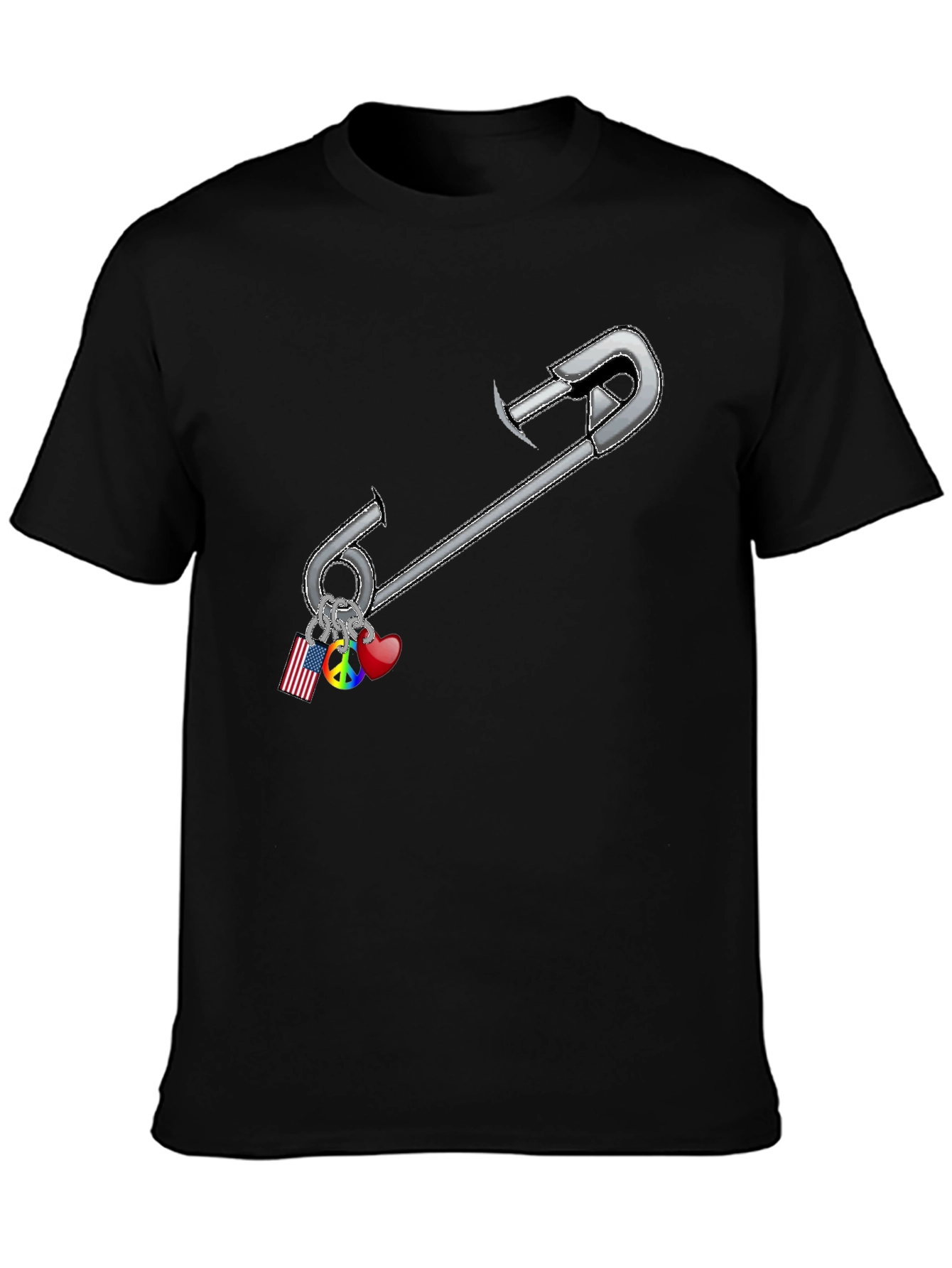 Safety Pin Charm Graphic Tee - Black Cotton Blend