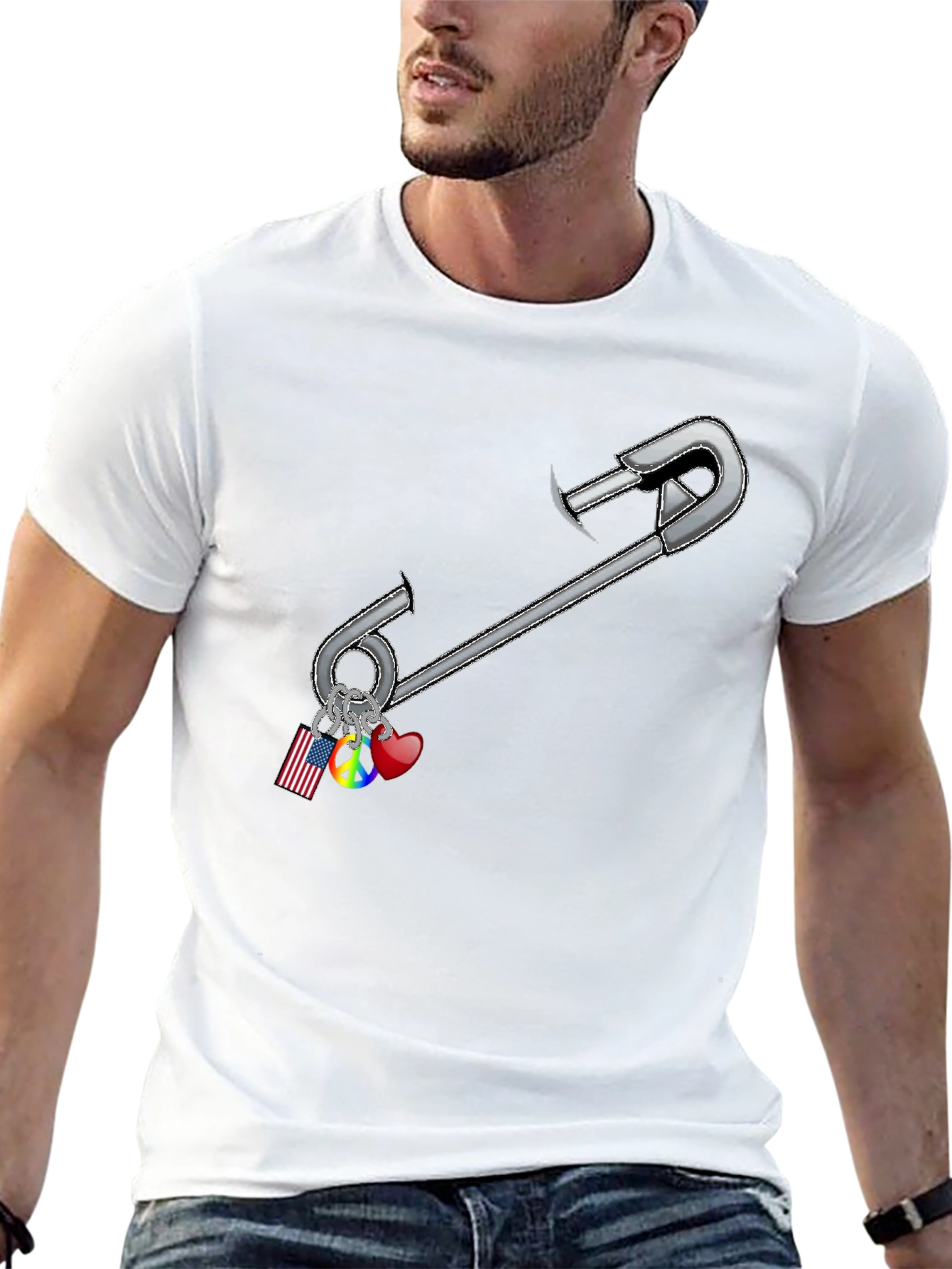 Safety Pin Charm Graphic Tee - Black Cotton Blend