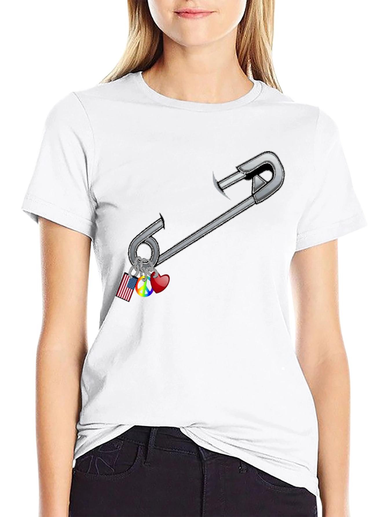 Safety Pin Charm Graphic Tee - Black Cotton Blend