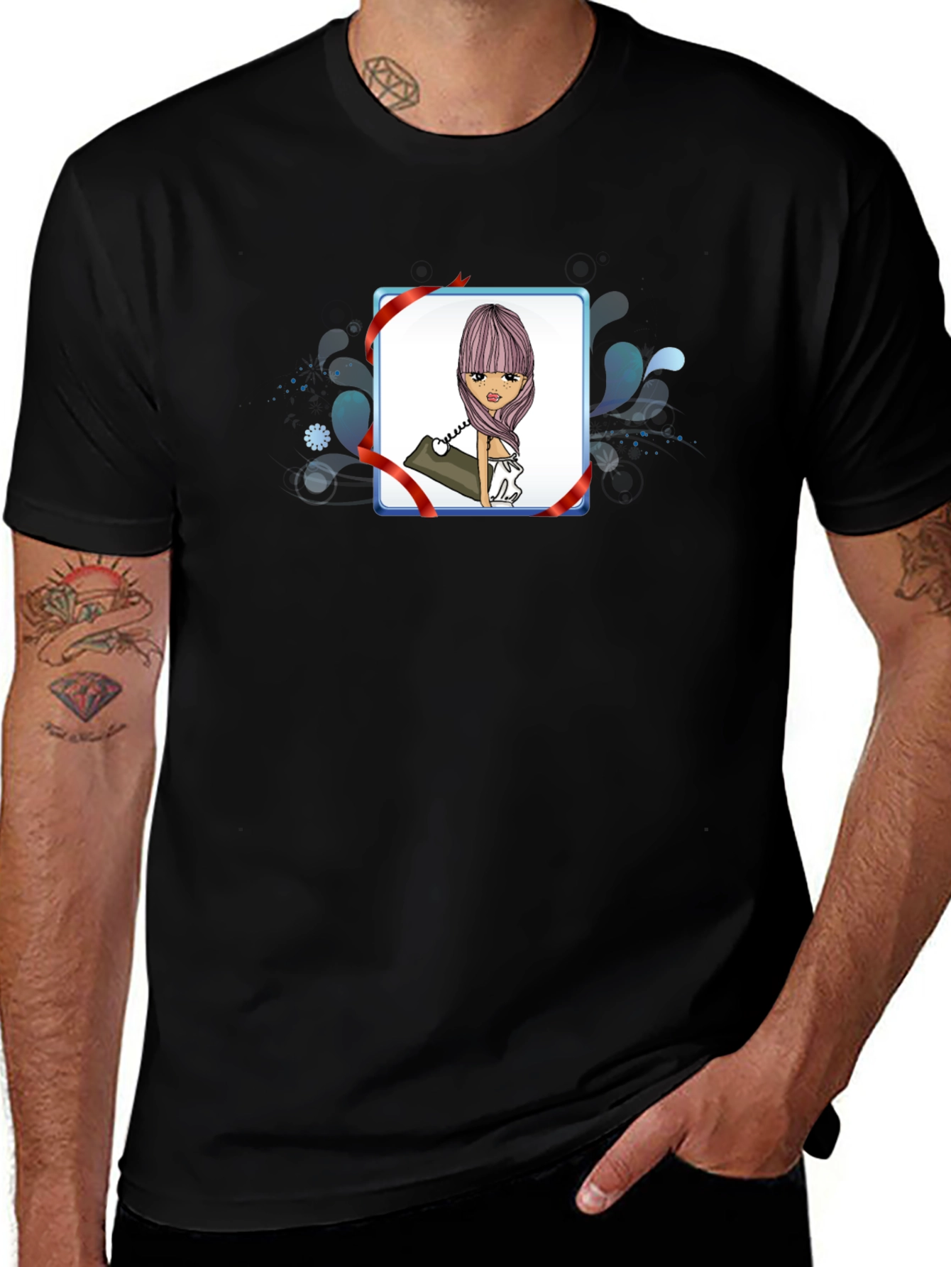 Cartoon Girl Phone Black T-Shirt