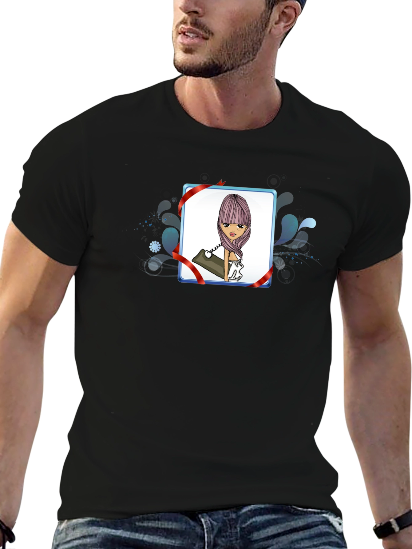 Cartoon Girl Phone Black T-Shirt