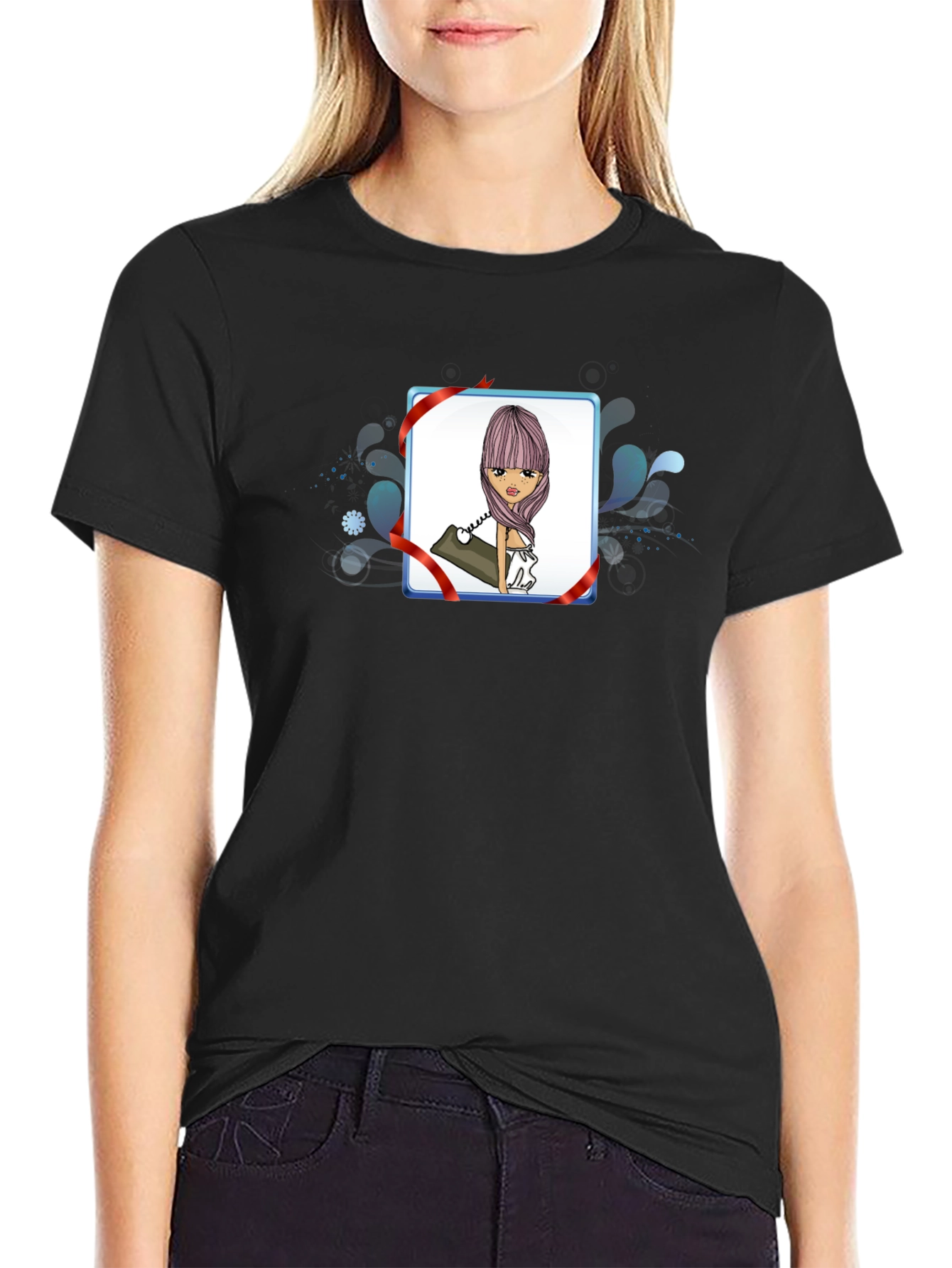 Cartoon Girl Phone Black T-Shirt