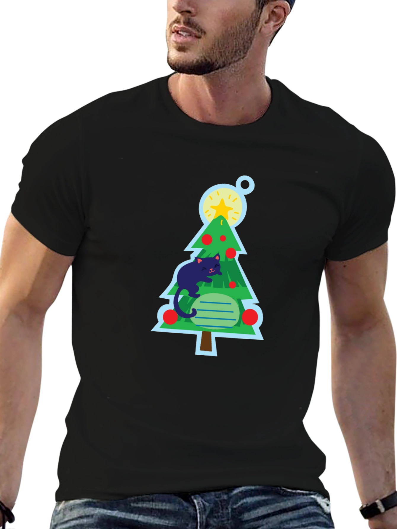 Cat Christmas Tree Black T-Shirt