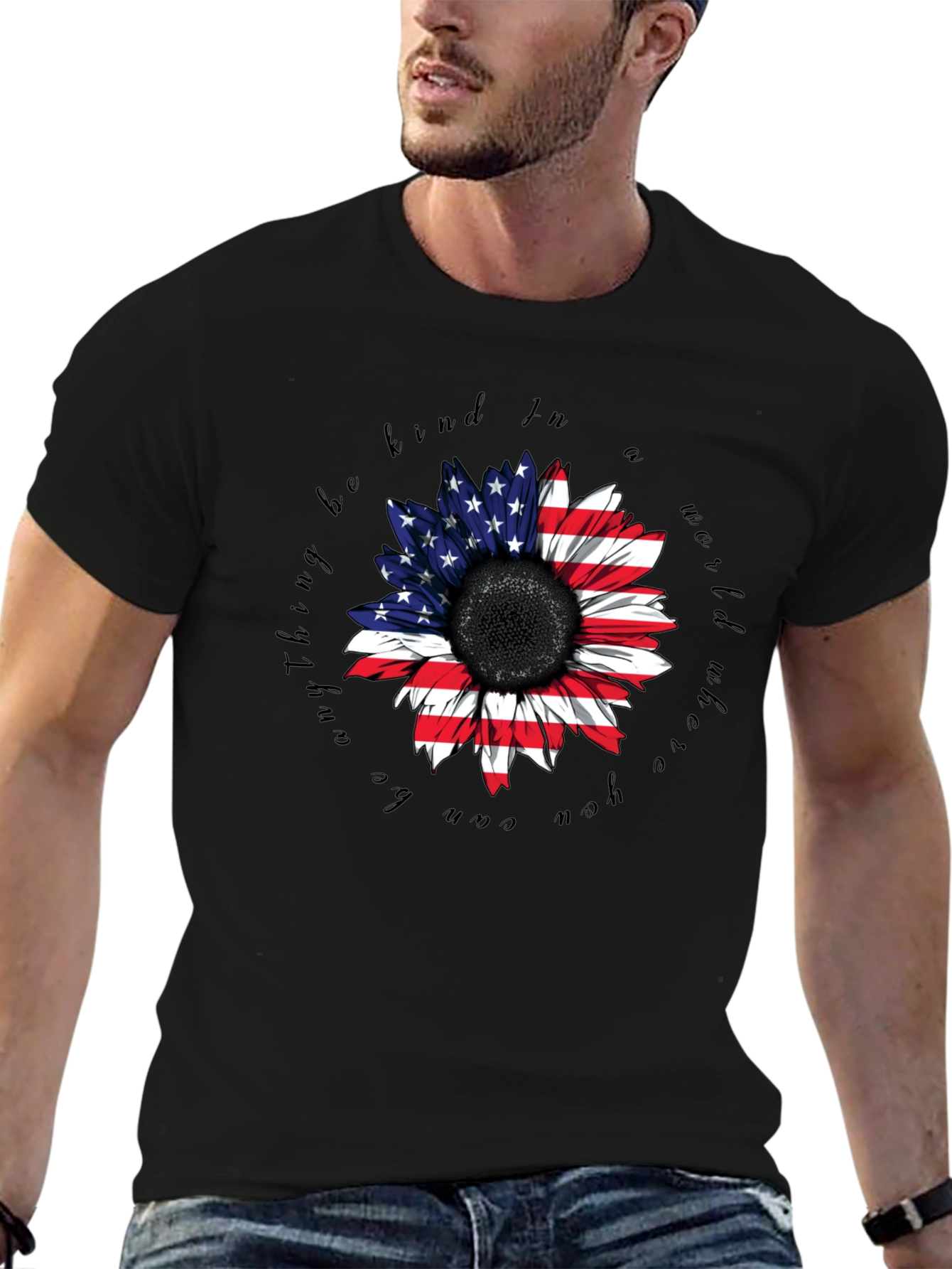 American Flag Sunflower Black T-Shirt