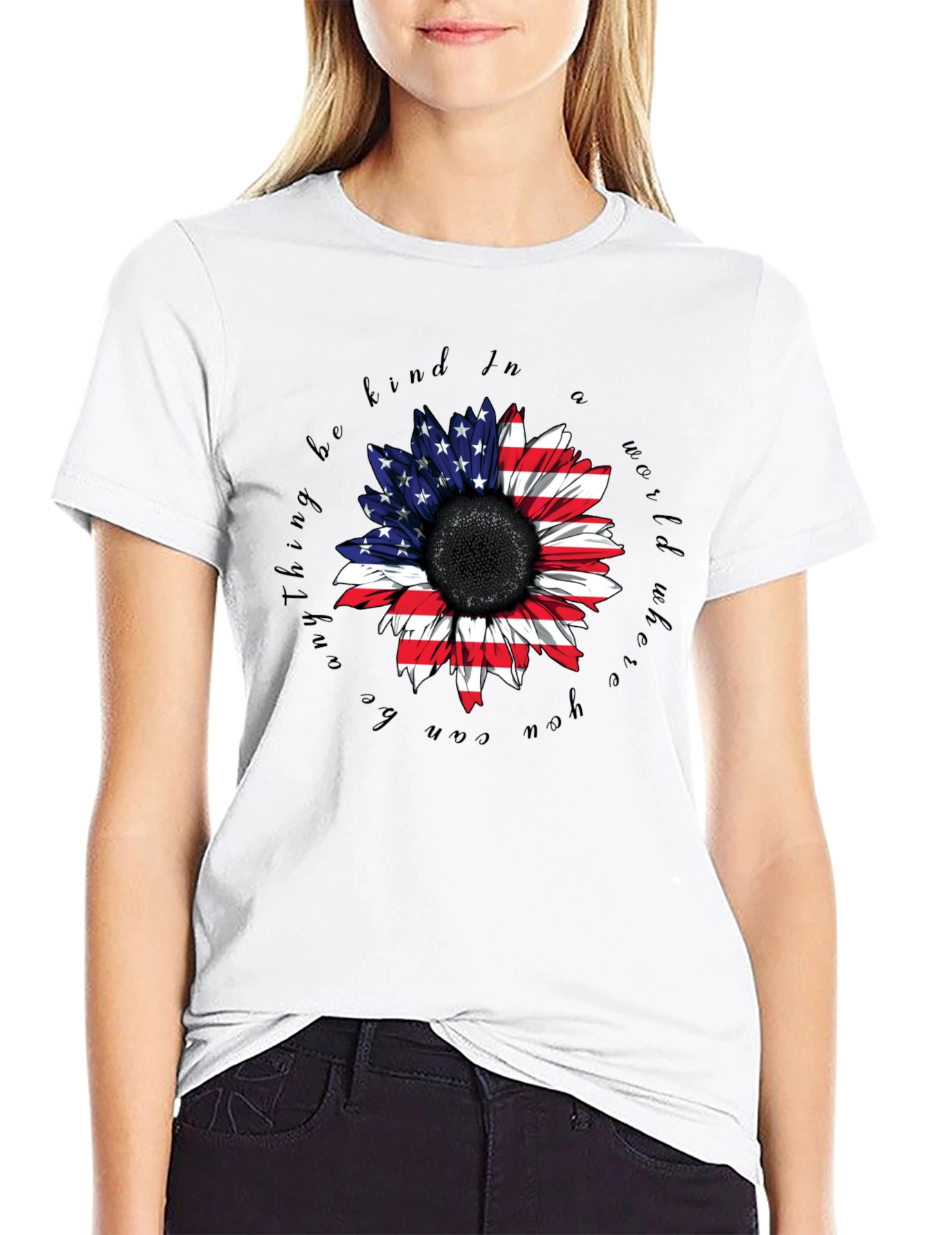 American Flag Sunflower Black T-Shirt