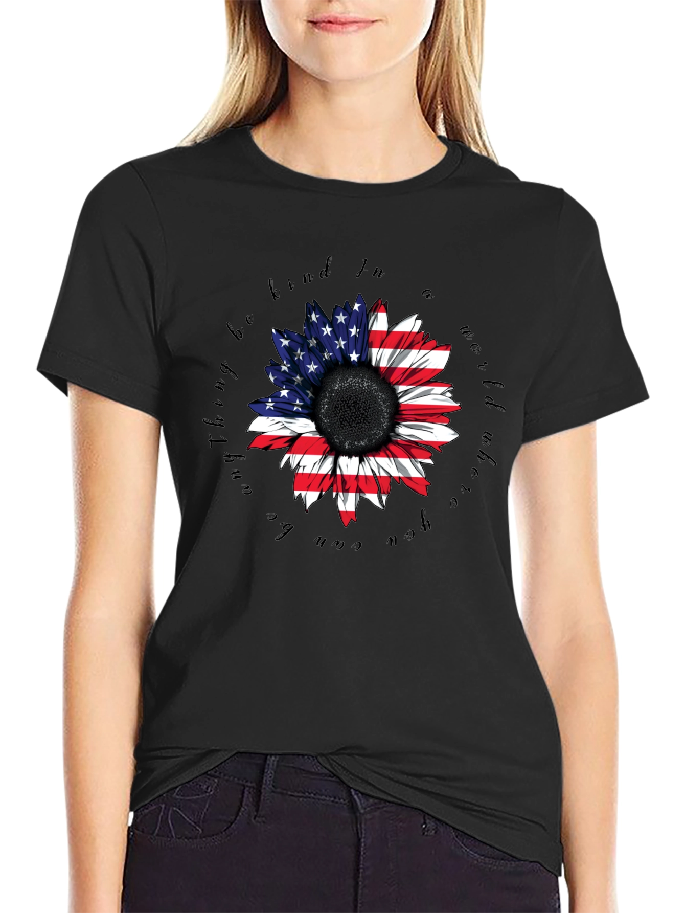 American Flag Sunflower Black T-Shirt