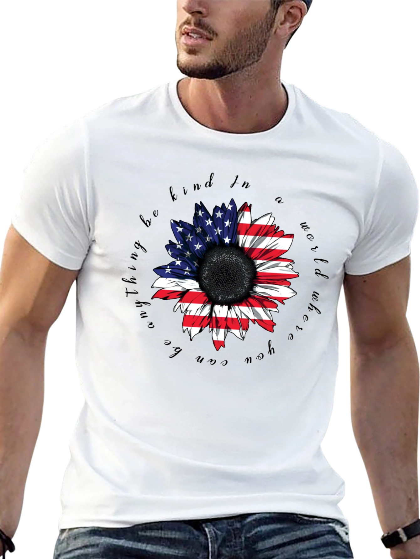 American Flag Sunflower Black T-Shirt