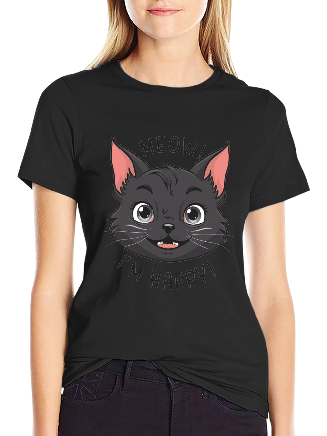 Meow Im Happy! Black Cat Graphic Tee