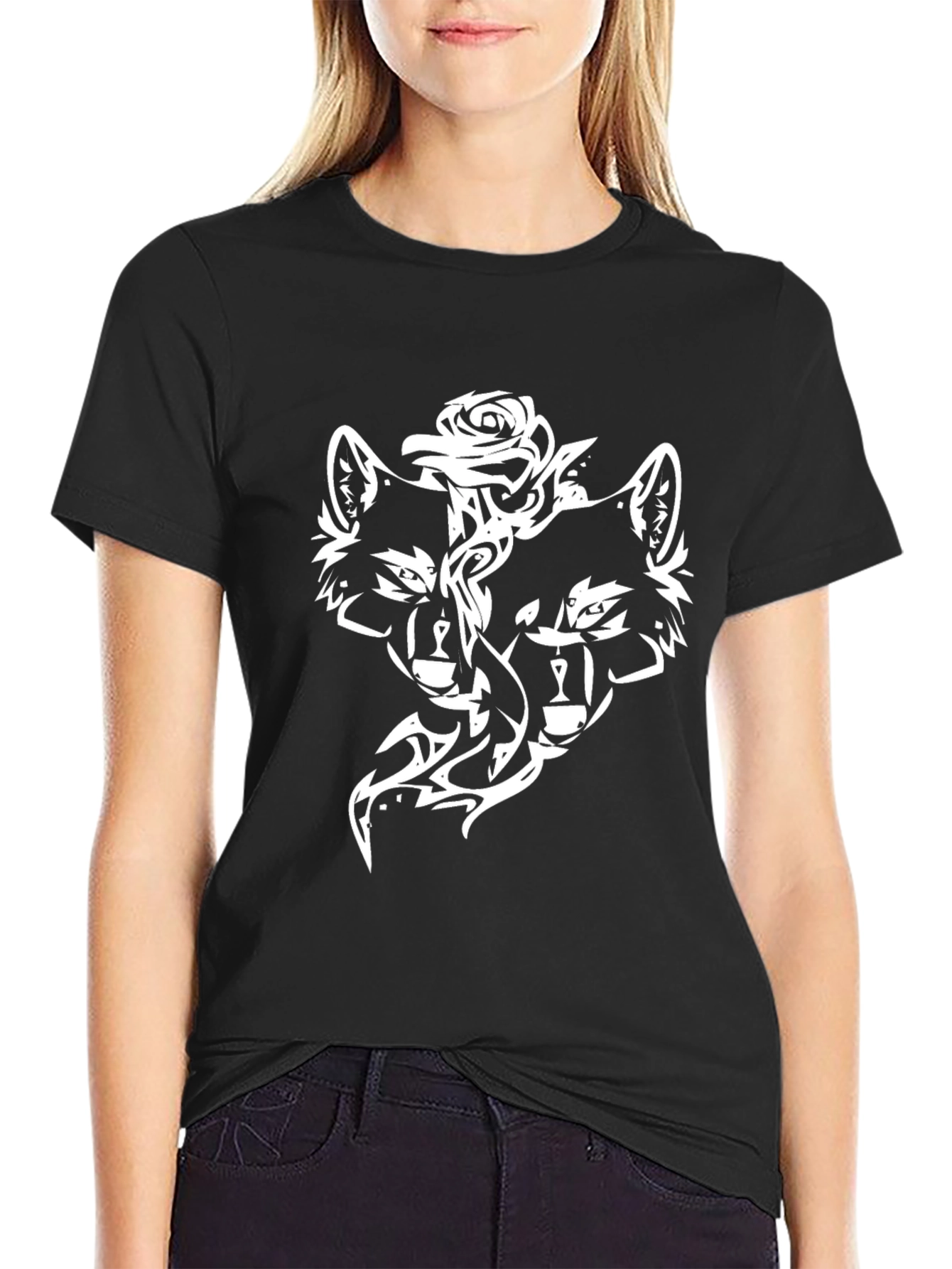 Black T-Shirt with Wolf and Rose Design