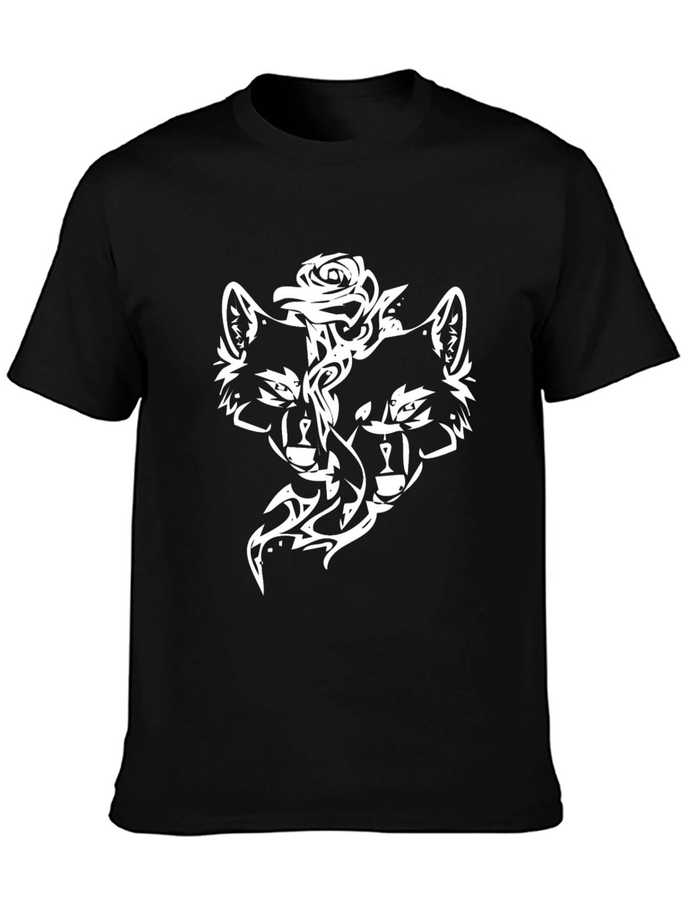 Black T-Shirt with Wolf and Rose Design