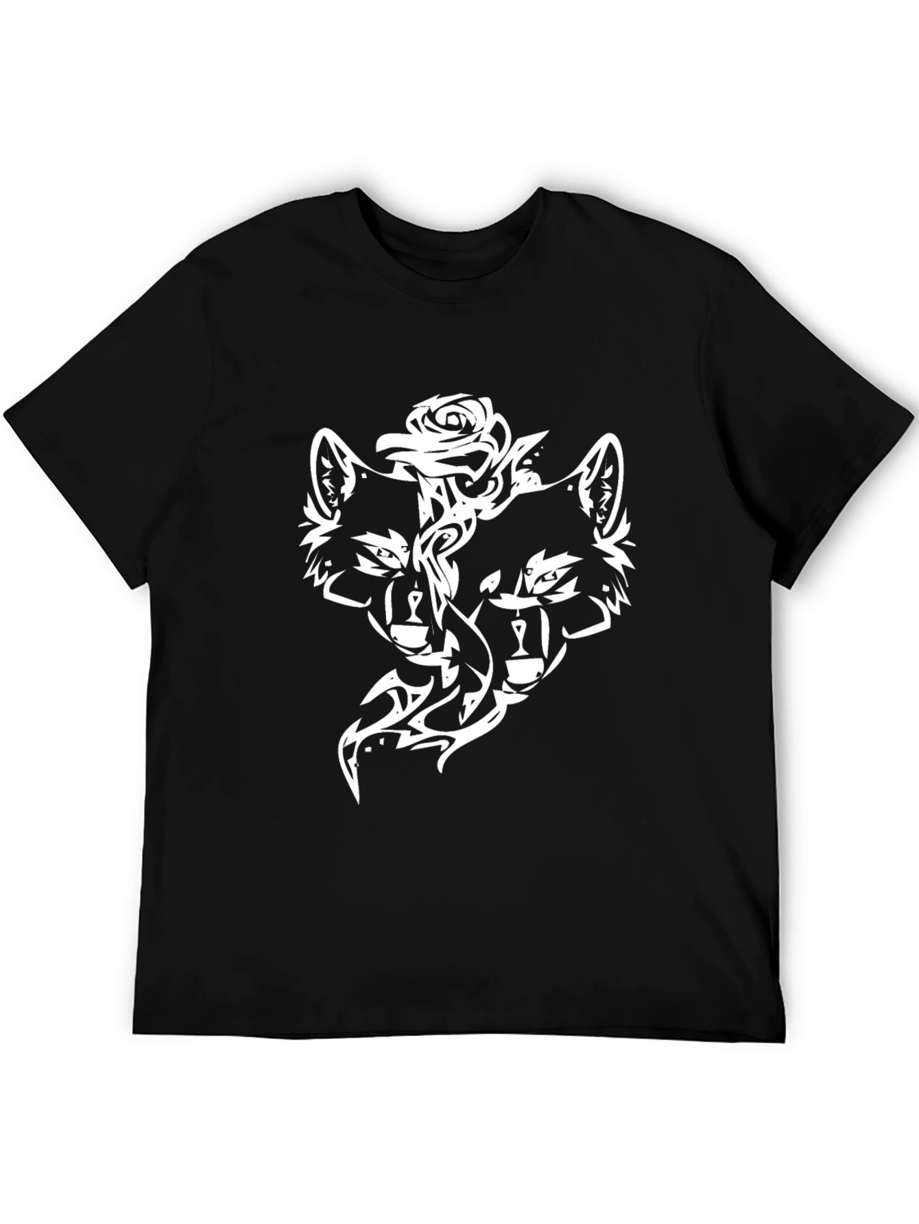 Black T-Shirt with Wolf and Rose Design