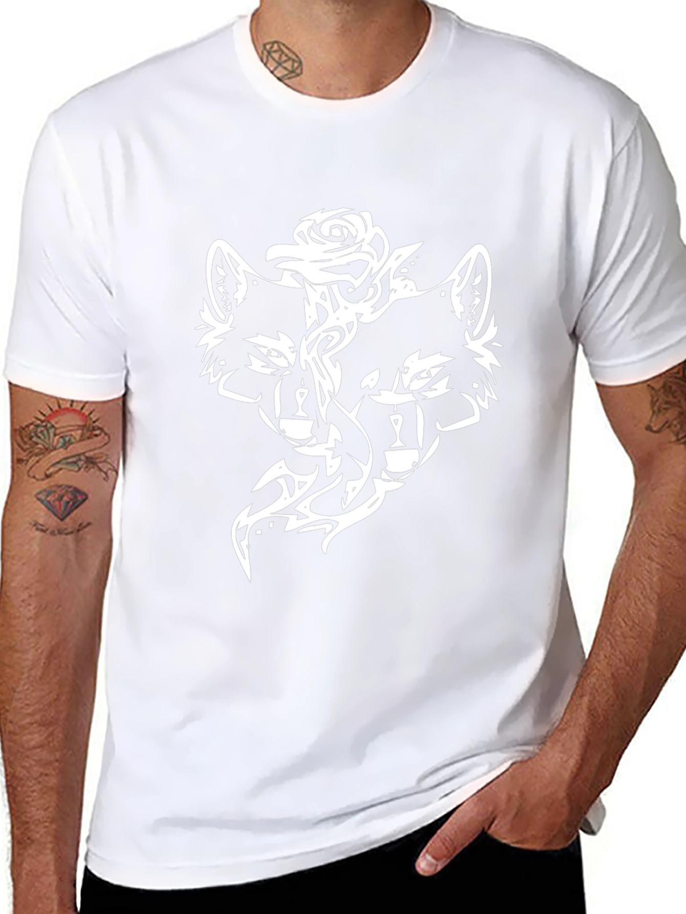 Black T-Shirt with Wolf and Rose Design